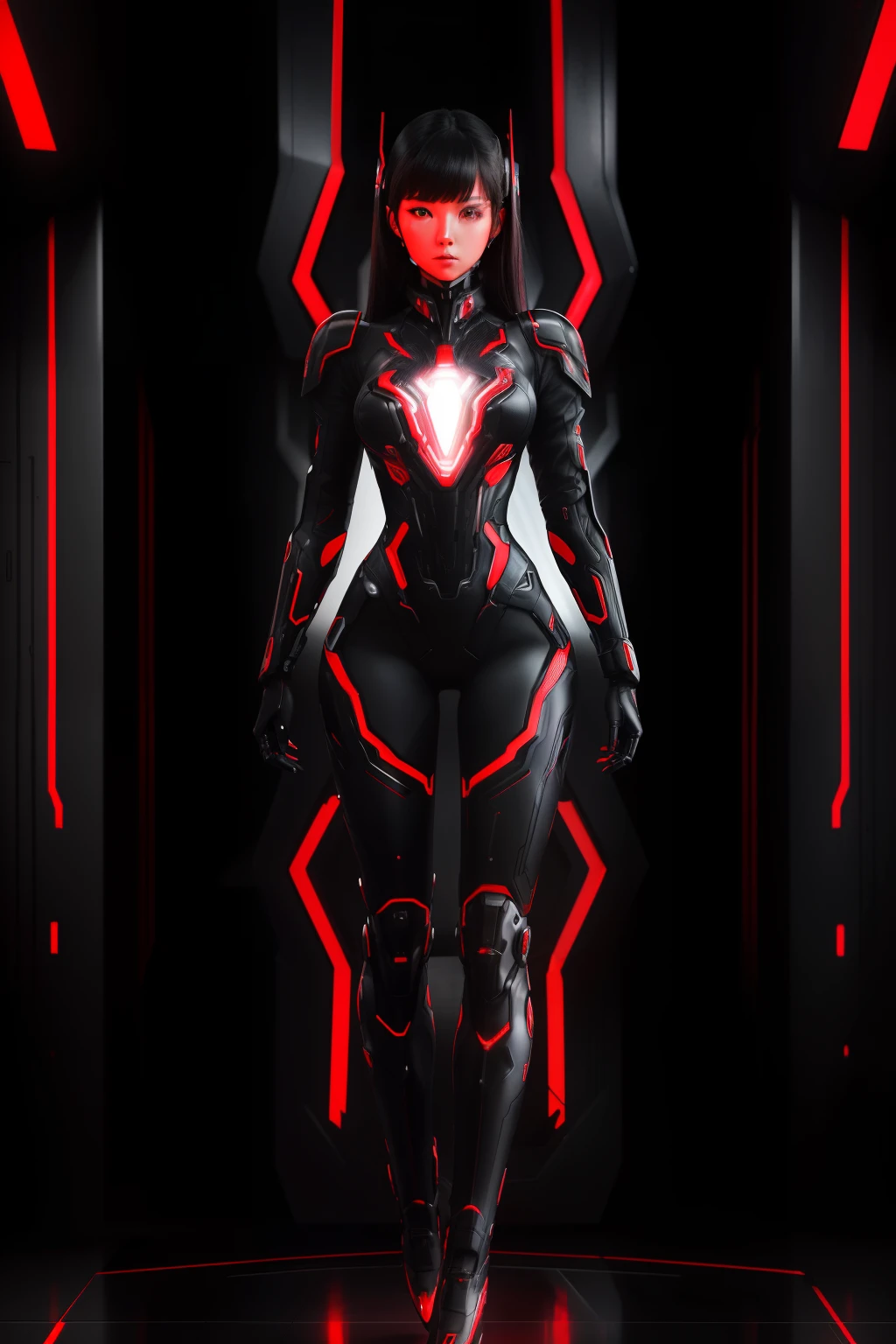 Portrait 、infp young woman, (((Full body))), Mechanical futuristic black with red pattern sci-fi bodyplug suit, Mecha futuristic black and red body plug mask, Sharp Focus, Highly detailed, Convoluted, Photography, hyper realisitic, Flat, Dramatic Lighting, Standing on one leg、Hands held in front of your chest、Dark background