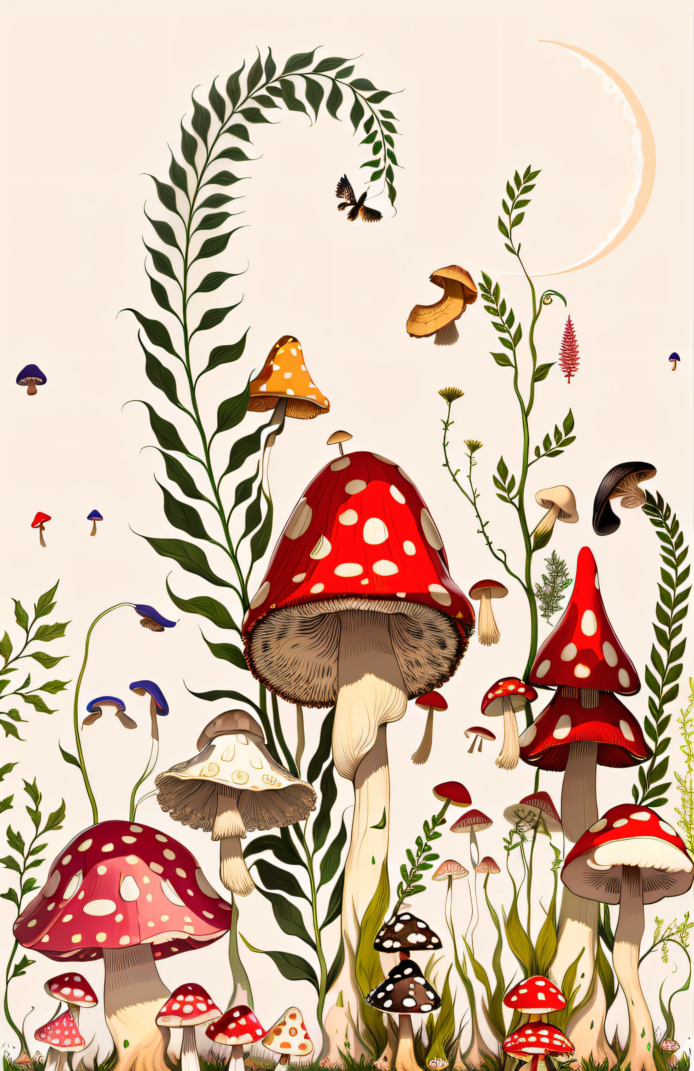 There are many mushrooms and plants in the grass with the moon, whimsical forest, mushrooms and plants, illustrated in whimsical style, toadstools, Mushroom forest, fungus and plants, Cogumelos, fairy tale forest, Mushrooms are everywhere, Mushrooms, magic mushrooms, enchanted magical fantasy forest, made of mushrooms, mycologist, magic mushrooms, mushrooms grow from the body, amanita