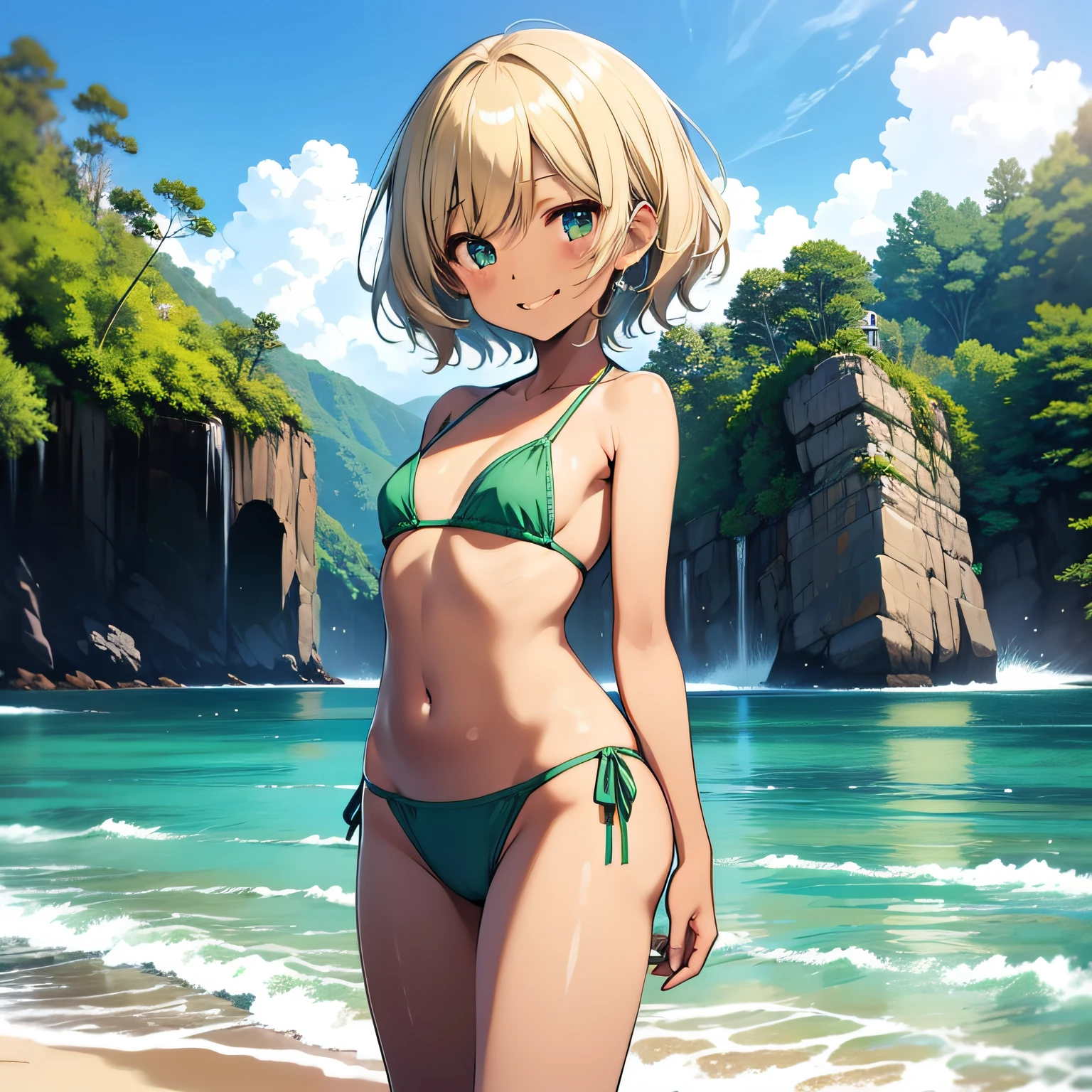 top-quality、extremely delicate and beautiful、Elementary school girls、5th grade elementary school、((Green Micro Bikini))、mesugaki、A smile、a blond、Brown skin、The background is the sea、is standing、short-hair