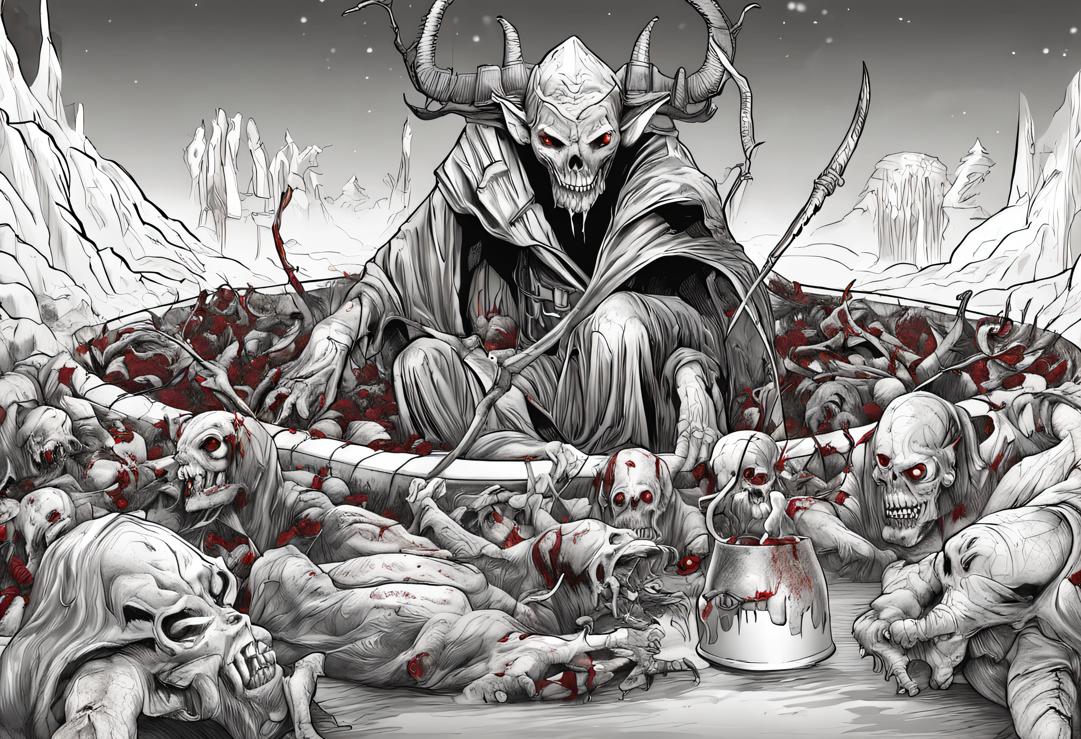 demonio vermelho e preto aterrorizante com unhas e garras em um cenario sombrio com nevoas e um clima escuro de terror, good composition, cores mortas, Jantar de terror, Gothic dinner, dark mist, Jantar macabro tenso, decomposition, Dark black liquid of the decomposing body, 12k resolution, sorriso do mal perverso, cena sombria escura em casa assombrada muito assustadora, ultra-detalhado, ((arte sombria)), πântano of horror, whole body view, head to toe, UHD