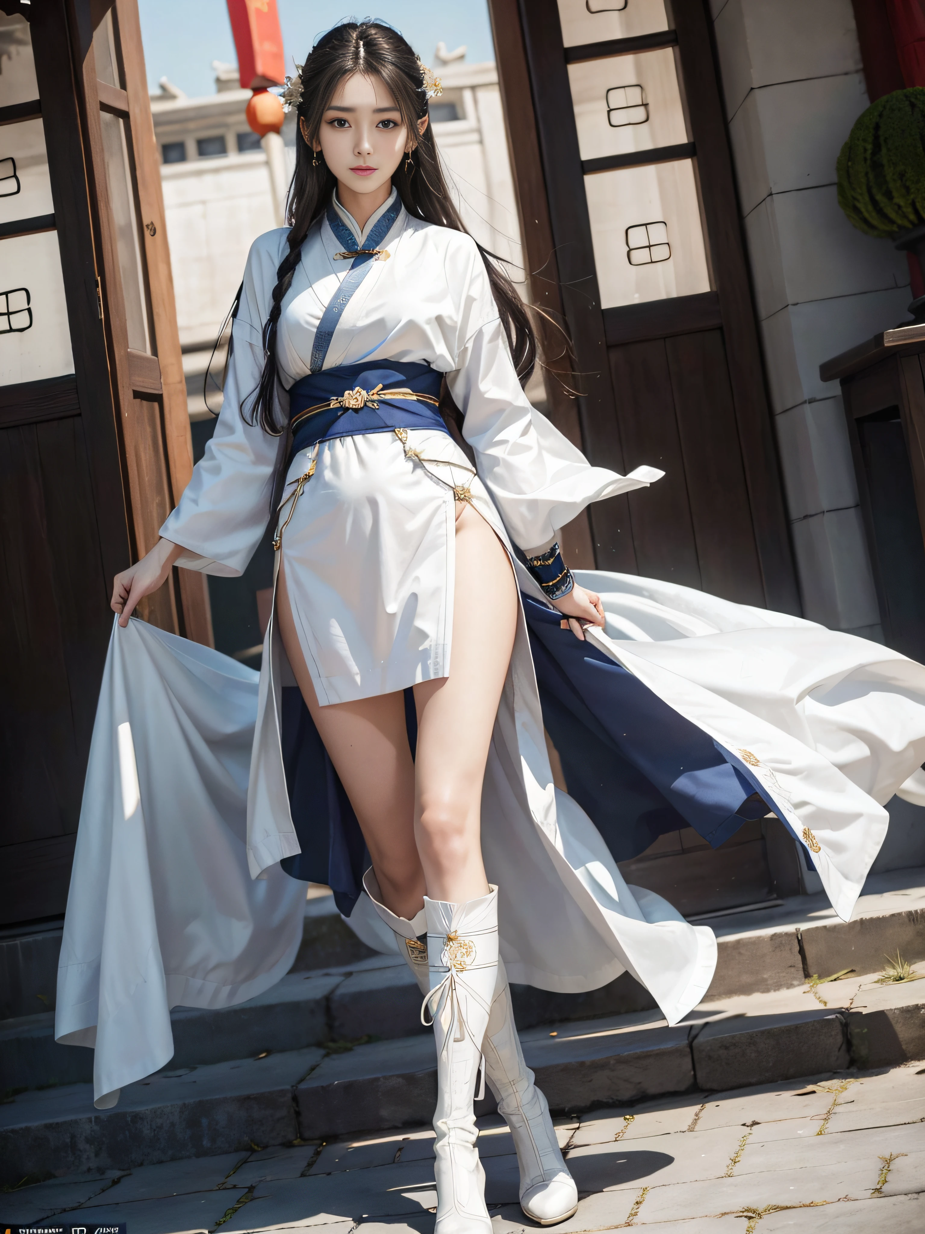 Mature older women，Royal sister，tmasterpiece，full bodyesbian，High-definition CG diagram，best qualityer，Oriental women，swordsmen，A high resolution，Absolutely beautiful，Hyper-detailing，Fine and detailed eyes and detailed face，garments：Hanfu，ancient wind，The top is a loose placket，Lower body shorts，Wearing delicate boots on his feet，Show knee-length stockings，Wear a bracelet，allure：long whitr hair，Slender eyebrows，Heroic，Wide buttock，Thick thighs，Chinese Ancient Architecture，standing on your feet，In battle，looking to the front，独奏