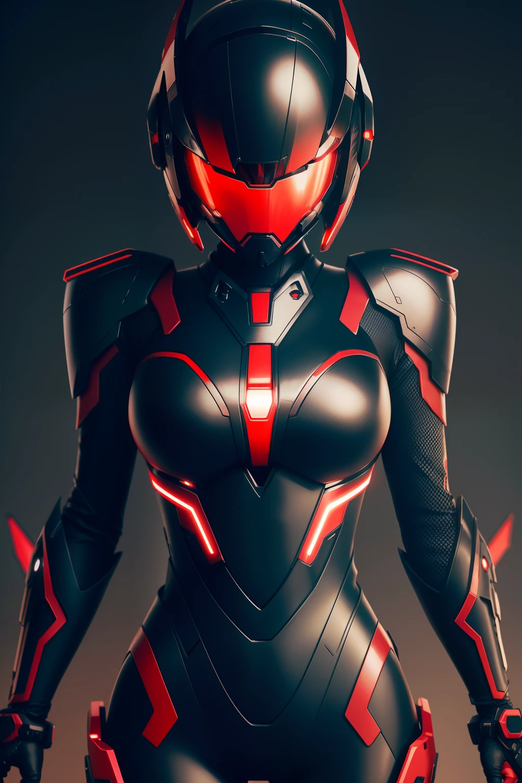 Portrait 、infp young woman, Full body, Mechanical futuristic black with red pattern sci-fi bodyplug suit, Beautiful Japan Woman, Heroines who appear in anime Sentai things、 Mecha futuristic cool bright red body plug mask, Sharp Focus, Highly detailed, Convoluted, Photography, hyper realisitic, Very small, Dramatic Lighting, Jumping high、Both hands are in a fighting pose、The background is pitch dark