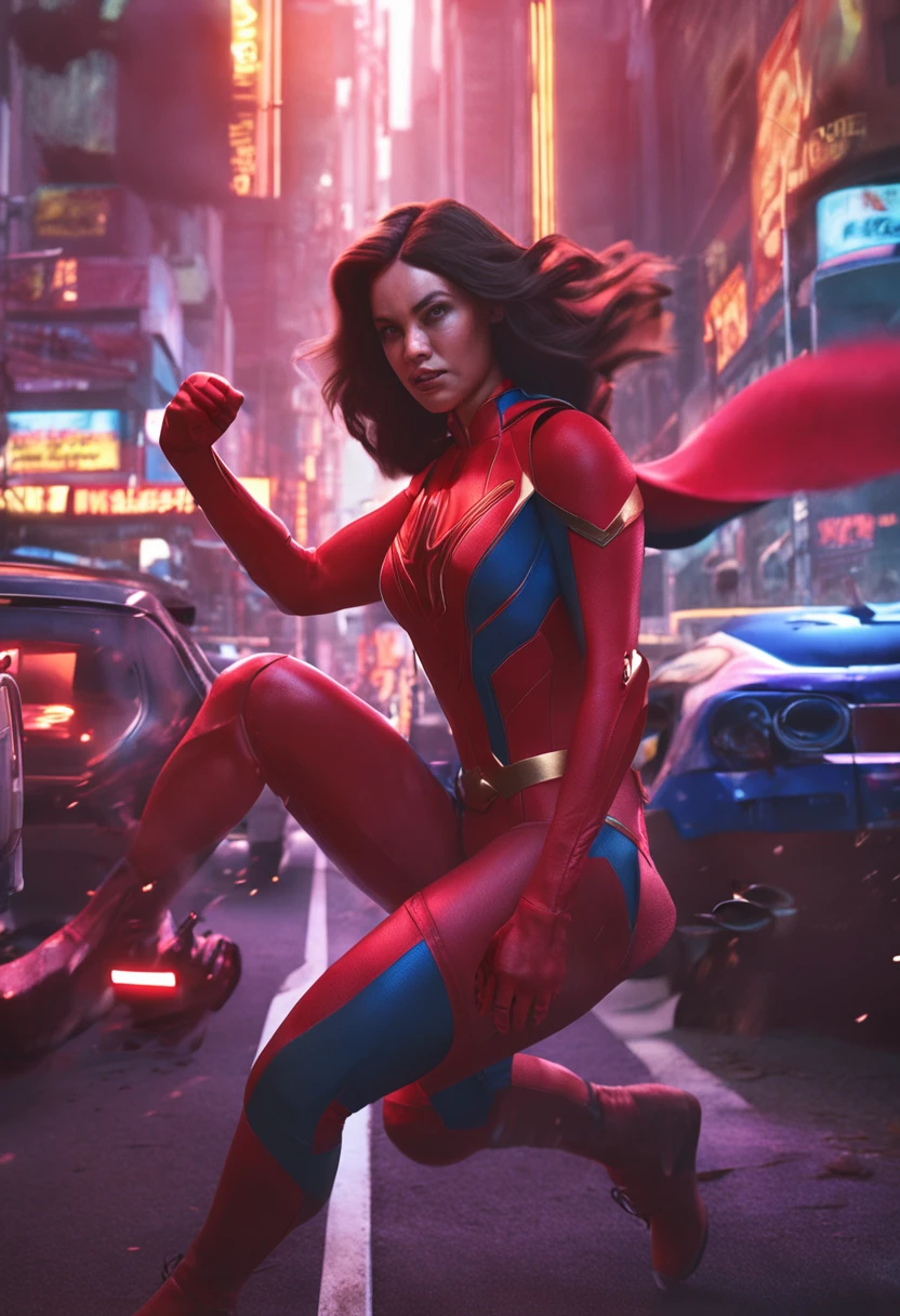 in detailed brown Spider-Man costume, large breasts, superhero pose, standing in ruined city at sunset, hyperdetailed, smoke, sparks, sun rays, (8k), realistic, symmetrical, award-winning, cinematic lightning, soaked, film, 75mm, scratches, full body photo, close-up, torn and dirty clothes, detailed face,