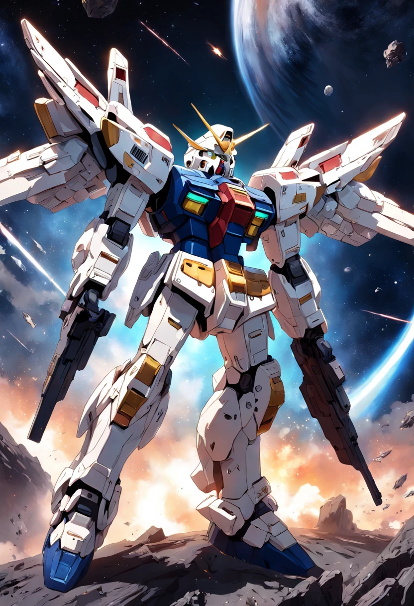 An incredibly detailed illustration of a Gundam Wing in space in Combat position, corpo inteiro, incredible details, sombras perfeitas, Dynamic background, estilo de desenho hiper-realista.