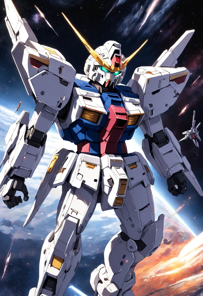 An incredibly detailed illustration of a Gundam Wing in space in Combat position, corpo inteiro, incredible details, sombras perfeitas, Dynamic background, estilo de desenho hiper-realista.