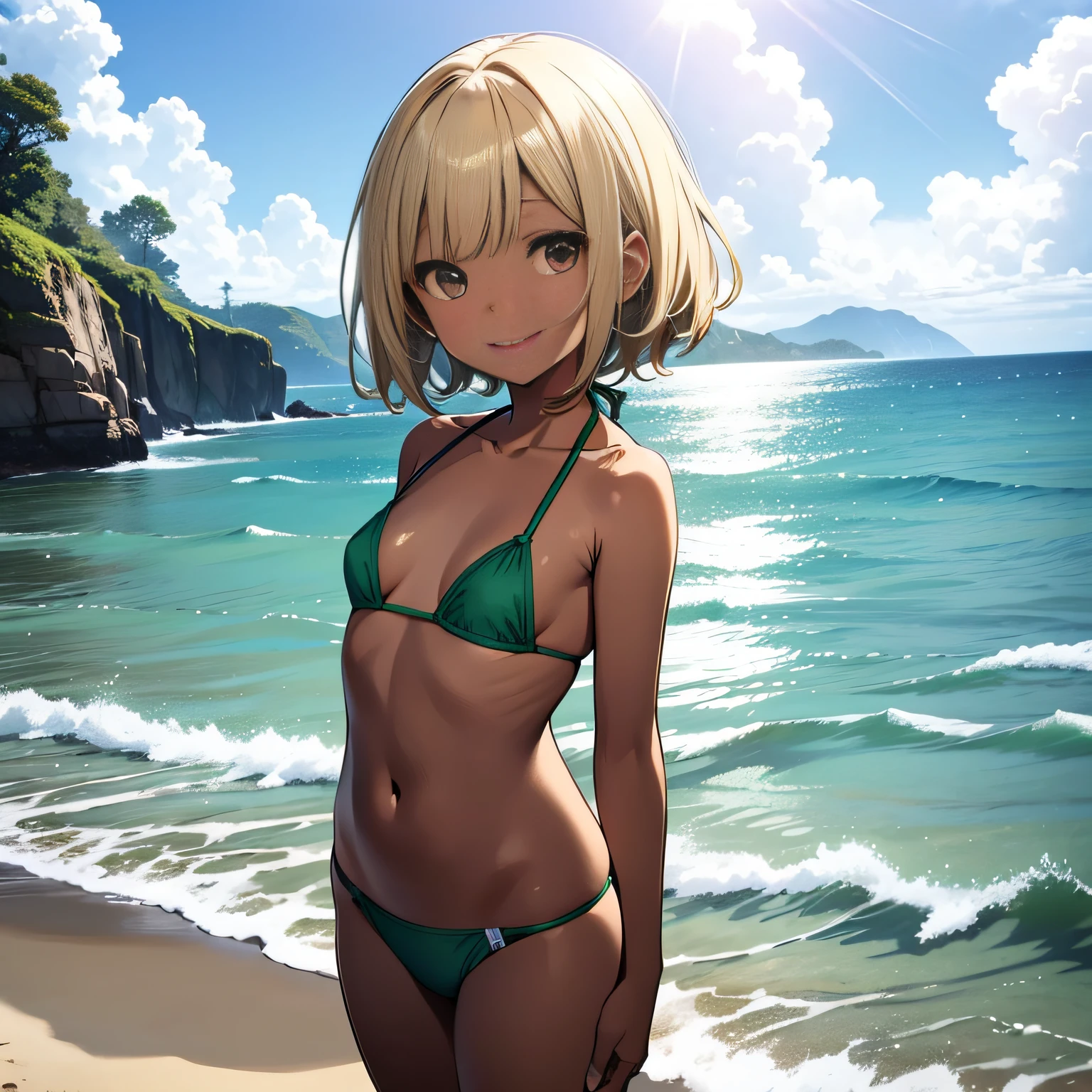 top-quality、extremely delicate and beautiful、Elementary school girls、5th grade elementary school、((Green Micro Bikini))、mesugaki、A smile、a blond、(Brown skin)、The background is the sea、is standing、short-hair