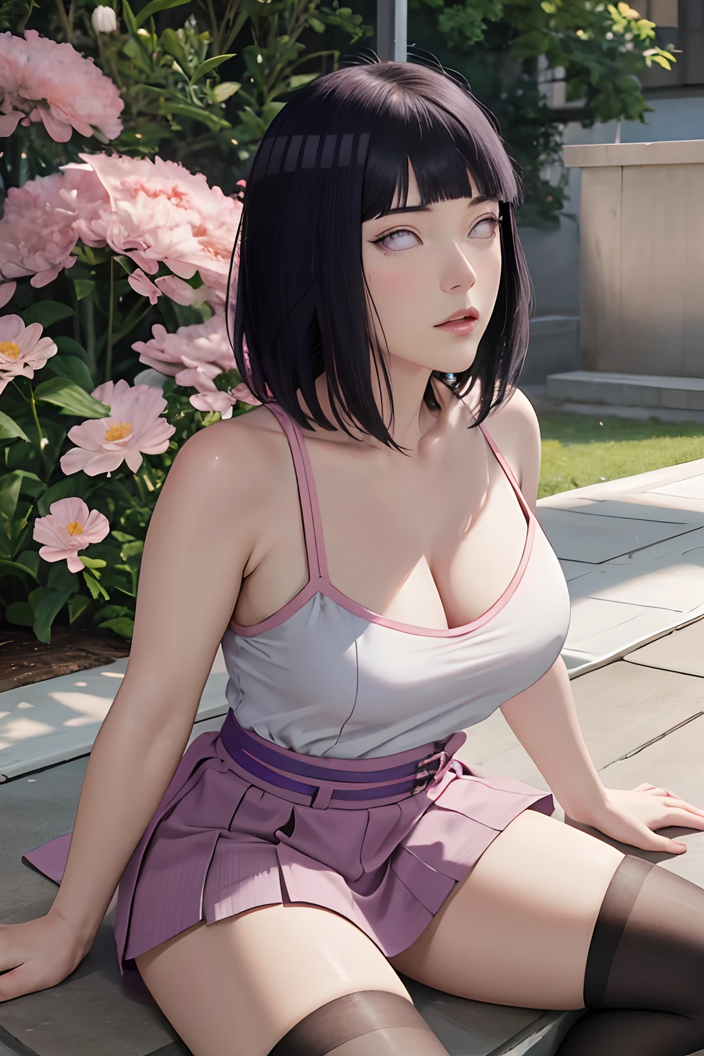 masterpiece, absurdres, hinata\(boruto\), 1girl, solo,mature female, spaghetti strap top, high waist short skirt, looking at viewer, (falling petals), perfect composition, detailed lips, big breast, beautiful face, body propotion, blush, (pink lips), long hair,  purple eyes,  soft gaze,  super realistic, detailed, photoshoot, realistic face and body, thighhighs