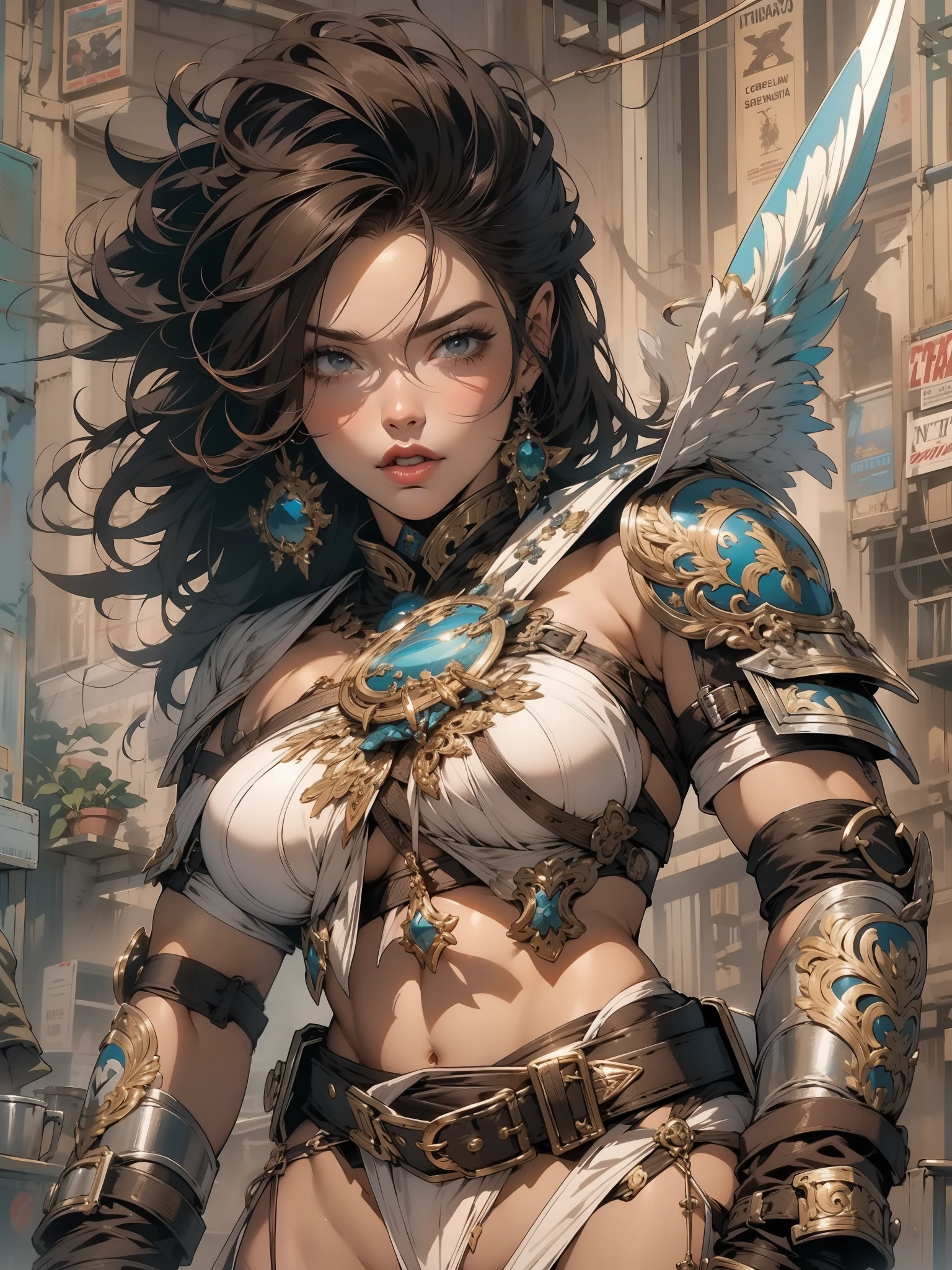 close de uma guerreira mulher de 35 anos musculosa quase nua no estilo Simon Bisley para a capa da revista Heavy Metal, cabelo metade preto metade branco, Minimum clothing, Roupas curtas, (((mulher))), (((melhor qualidade))), (((obra prima))), (((adulta))), Uma guerreira mulher de 35 anos com corpo perfeito, Brooklyn Gladiators, hand with steel gloves and metal tips, (( under boobs )), (( Tiny thong )), quase nua no estilo selvagem urbano de Simon Bisley para a capa da revista 2000 A.D., cabelo curto desalinhado, Minimum clothing, arm with heavy metal protection full of tips, tatuagem tribal, estrelas de 5 pontas, (((corpo inteiro))), cabelo preto curto com franja branca cobrindo a testa