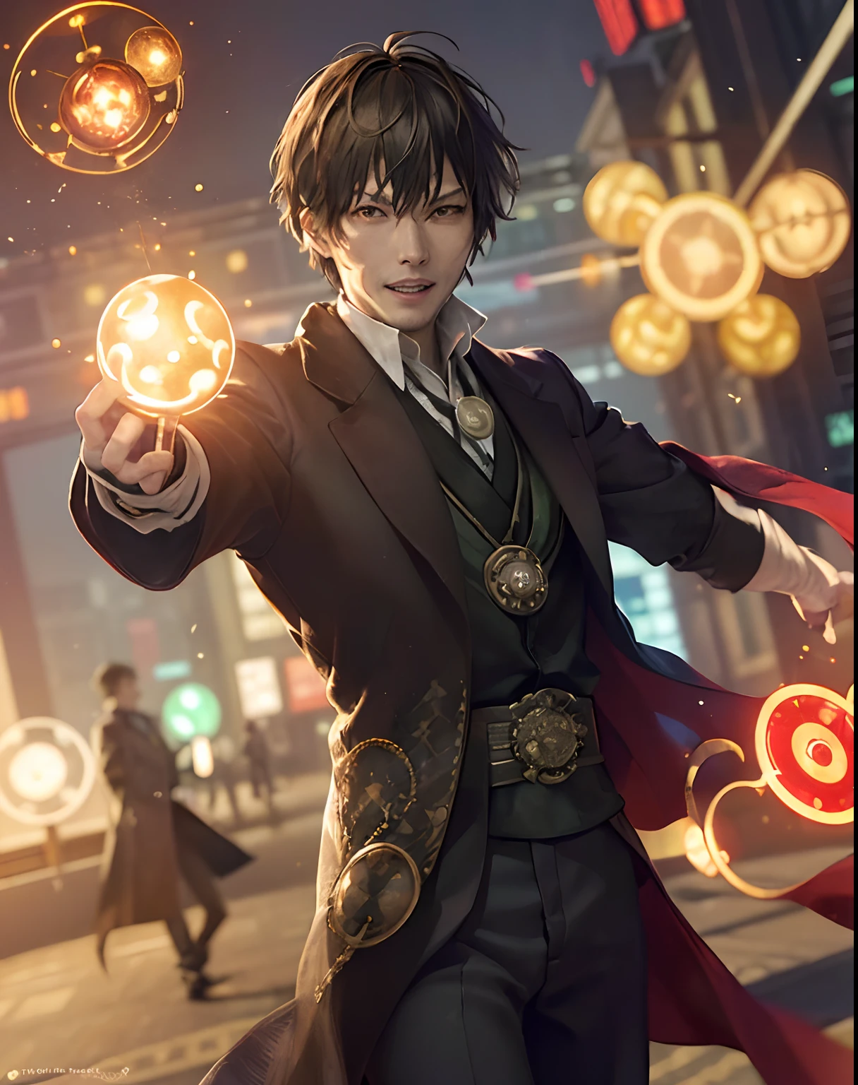 (​masterpiece、top-quality:1.2), The upper part of the body, 独奏, Male Focus, 1boy, dazai osamu, deadpan, Brown jacket, Painful face、fights、fighting poses、cowboy  shot、((Doctor Strange))、magia、magic circles、Red flash、Walk with a smile on the beautiful sunny city streets, cloudy, movie