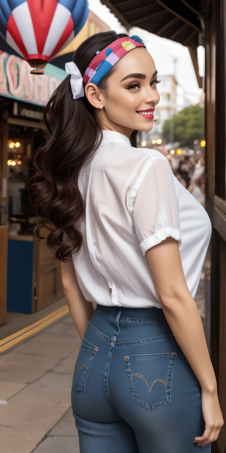 RAW (masterpiece best quality photorealistic absurdres 8k1.2) best lighting complex pupils complex textile detailed background studio Golden Hour 1girl Glamorous socialite European 38 years old intricately detailed face and eyes Light 3/4 shot from front Luscious lips Delicate shoulders Scar(s) Brown a white button-down shirt with rolled-up sleevesDark wash skinny jeansWhite sneakers Male Pompadour hairstyle Salt and pepper hair Hair Accessories (headbands hair clips barrettes) Colorful hot air balloons vibrant fireworks joyful laughter carnival rides