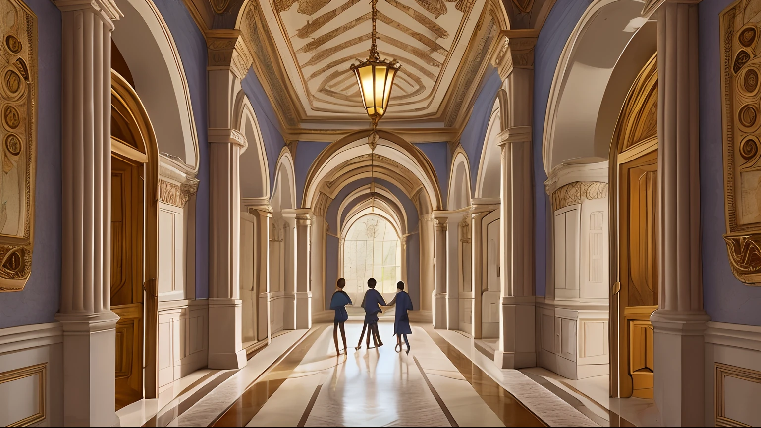 Draw a board showing 3 children playing, sendo 1 plebeu, 1 principe e 1 princesa, in the majestic corridors of the palace, enquanto o rei  sorri calorosamente ao observar a cena. --auto --s2
