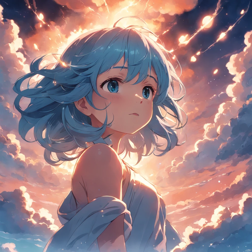 masterpiece, best quality, movie still, 1girl, cloud girl, floating in the sky, close-up, bright, happy, warm soft lighting, sunset, (sparks:0.7)