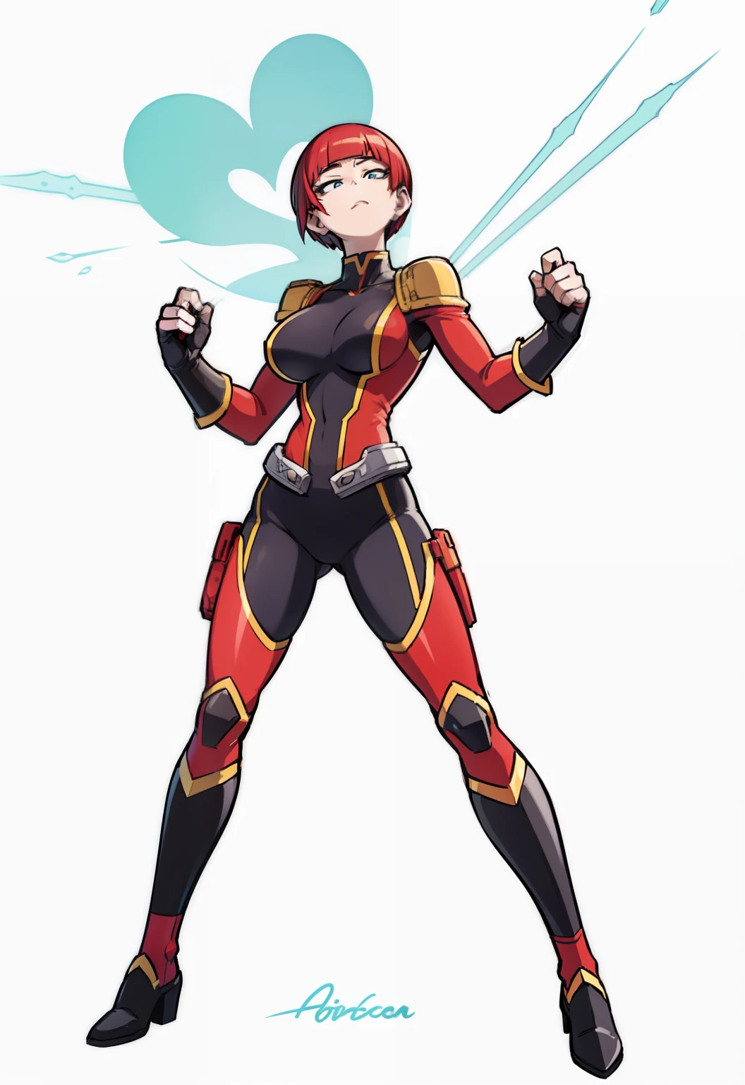 My Hero Academia style, anime Girl, female, trending on artstation pixiv, (full body shot:0.5), wide hips, wide thighs, large breast, Blue eyes, short hair, pixie cut, red hair, jagged bangs, asymmetrical bangs, hero costume, full body suit, red suit with yellow and black details, Perfect Anatomy, Super Detailed,