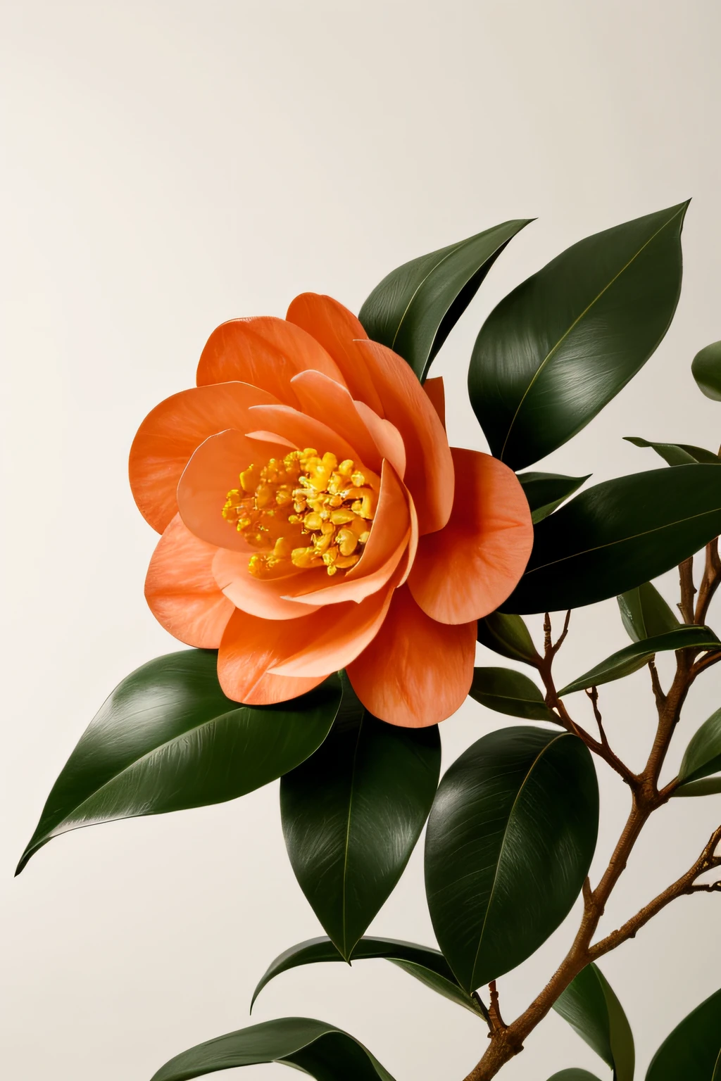 Camellias bud on nodular branches，greybackground，simple backgound，in the style of light orange and light beige，minimalist images，photographic installations，Paleonucleus，green and crimson，ultra-realistic realism，Poetic intimacy