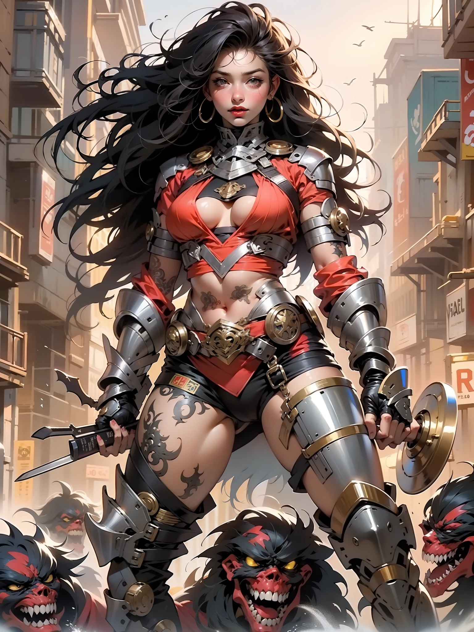 (((mulher))), (((melhor qualidade))), (((obra prima))), (((adulta))), Uma guerreira mulher de 35 anos com corpo perfeito, Brooklyn Gladiators, (( under boobs )), quase nua no estilo selvagem urbano de Simon Bisley para a capa da revista Heavy Metal, cabelo loiro, Minimum clothing, red and white checkered pattern, armadura, cheio de pontas e rebites, tatuagem tribal, (((do joelho pra cima))), cabelo desalinhado