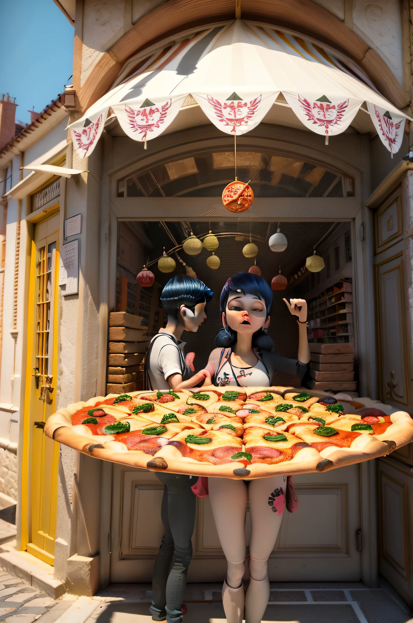 There are many different types of pizzas on display in a store, Realista Cinematic, conceitual, imagem de comida super realista, pizza a cabana, Directed by: David Ruby, padaria, loja altamente detalhada, pizza, um hiper realista, A torre inclinada da pizza, product exhibition, pizza is everywhere realistic Cinematic, pizza italiana, 3 dmax, Alimentos comerciais 4K Realista Cinematic, Directed by: Nikola Avramov, product render