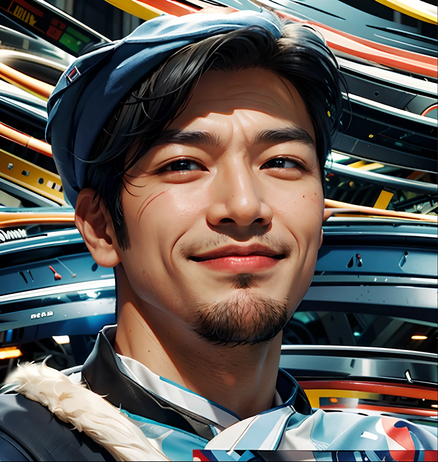 asian man，A man squinted and smiled，Redness of the cheekbones of the face，Wide nose，pronounced cheekbones，A portrait of a person，oil painted，Wears a dark blue striker hat，Smooth wide chin，wide forehead