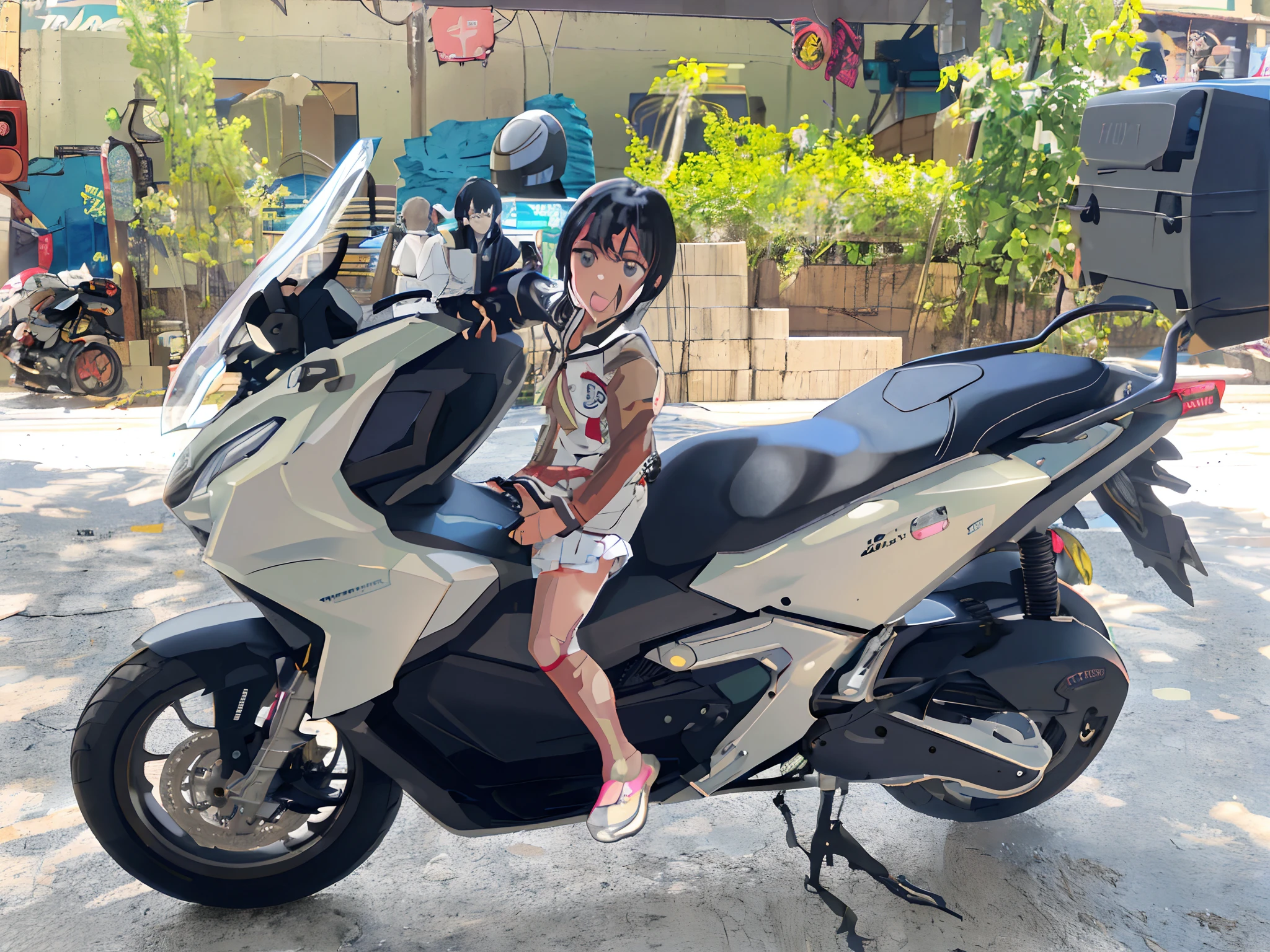 masterpiece, best quality, 1girl, solo, jacket, hand in pocket, school uniform, serafuku, thighhighs, school bag, black hair, black eyes, cyberpunk, street, machinery, motor vehicle, motorcycle, panorama, helmet, speed line, motion blur, depth of field, perspective, panorama, riding, floating hair, night, neon trim