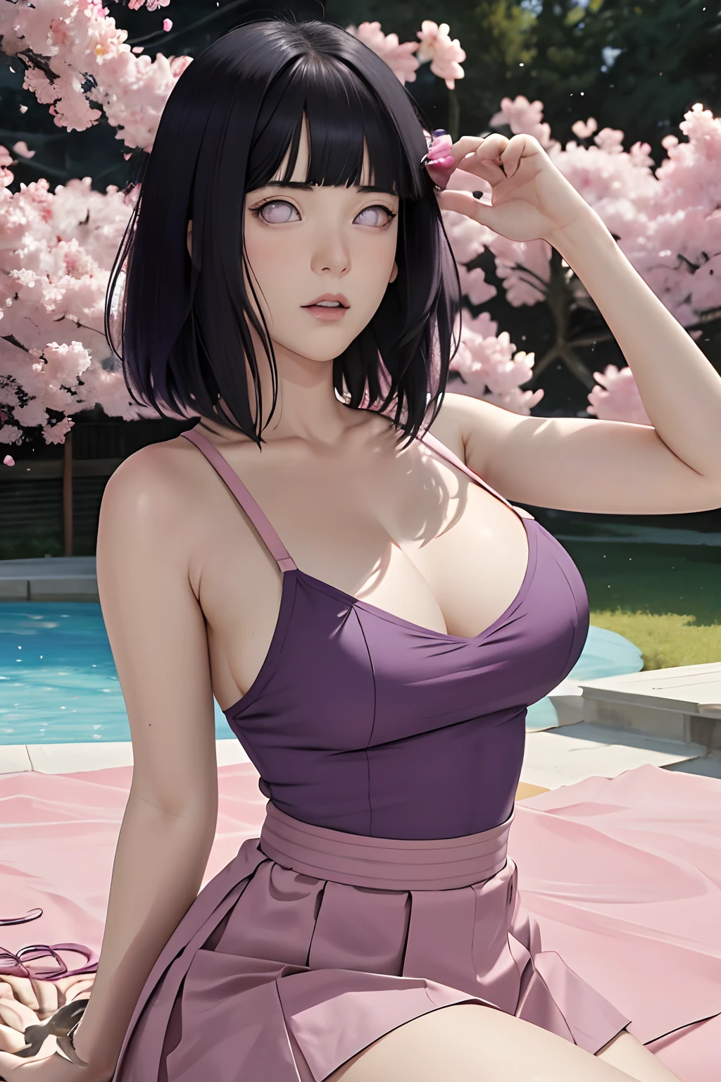 masterpiece, absurdres, hinata\(boruto\), 1girl, solo,mature female, spaghetti strap top, high waist short skirt, looking at viewer, (falling petals), perfect composition, detailed lips, big breast, beautiful face, body propotion, blush, (pink lips), long hair, purple eyes, soft gaze, super realistic, detailed, photoshoot, realistic face and body,