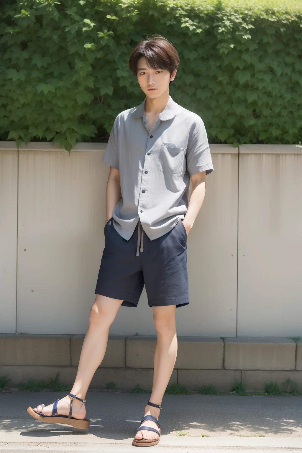 Portrait of a 25-year-old Japan man。Spring and summer casual scene in smart style。hairstyle is short、Light movement.。Hair color is dark brown。Light grey linen shirt for tops、Cool off with lightly rolled up sleeves。Navy shorts for bottoms。Brown leather sandals at the feet。
