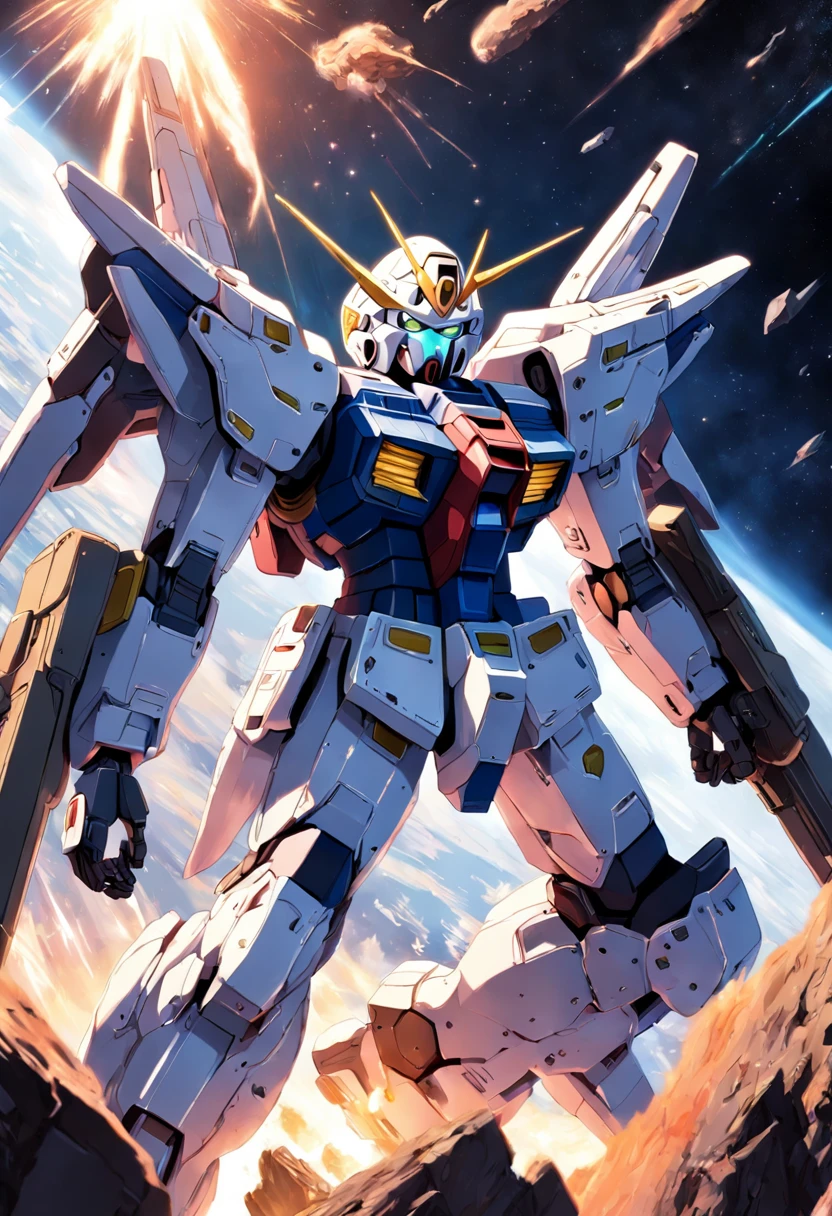 An incredibly detailed illustration of a Gundam Wing in space in Combat position, corpo inteiro, incredible details, sombras perfeitas, Dynamic background, estilo de desenho hiper-realista.