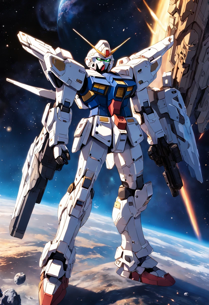 An incredibly detailed illustration of a Gundam Wing in space in Combat position, corpo inteiro, incredible details, sombras perfeitas, Dynamic background, estilo de desenho hiper-realista.
