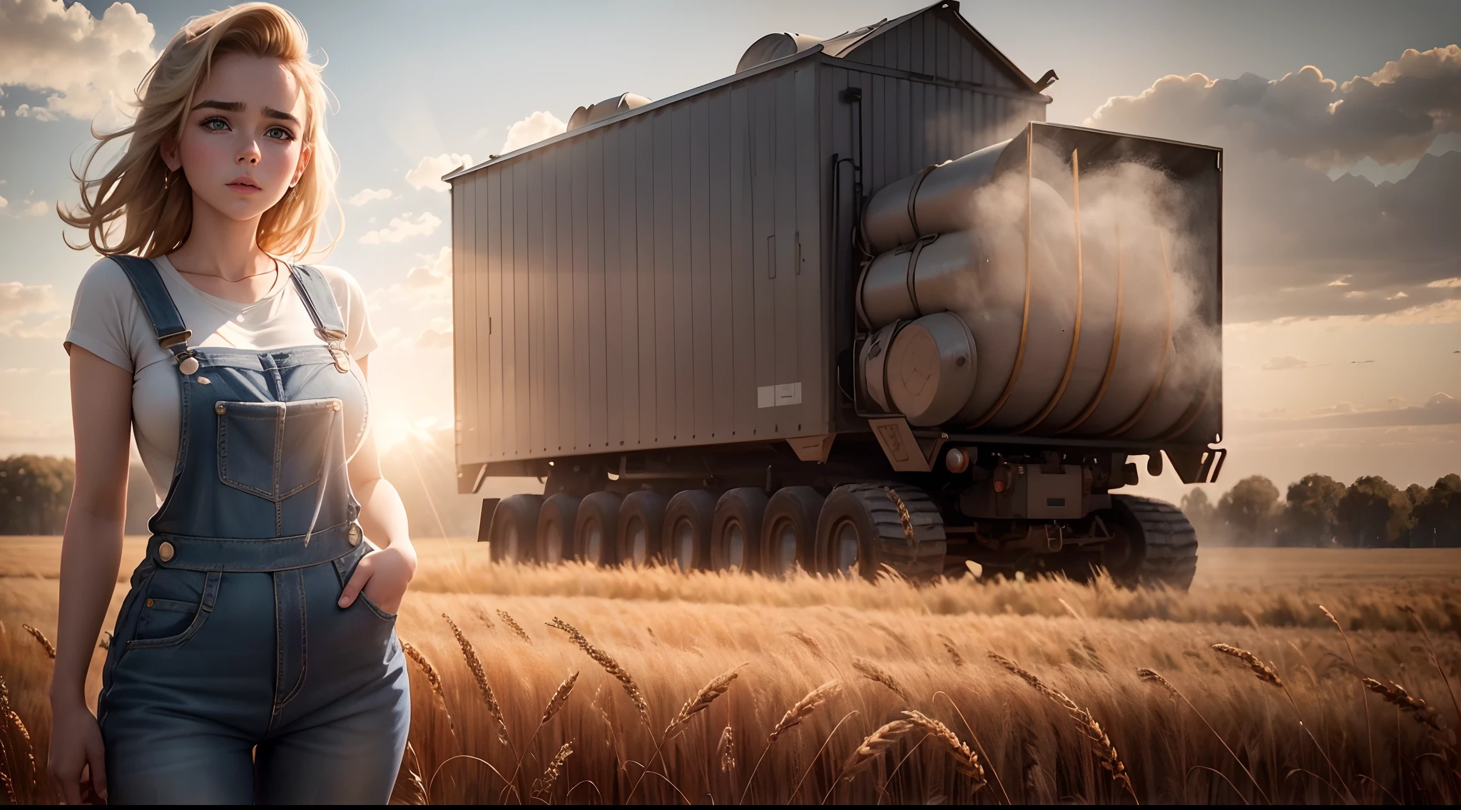 gorgeous voluputous woman ("kiernan shipka"), huge heavy breasts, wide hips, shinny skin, in a wheat field farm, looking away, overalls, warm light, ray tracing, backlighting, UHD, anatomically correct, textured skin, super detail, award winning, masterpiece, 8k, best quality