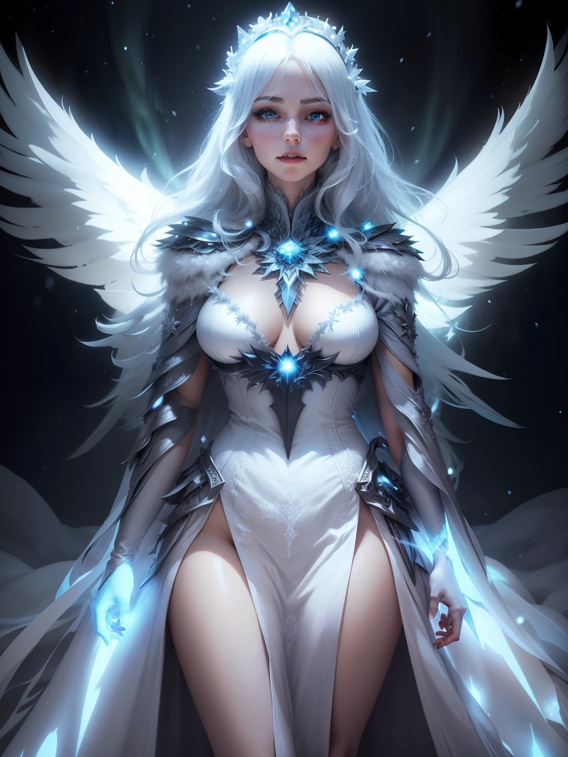 Snow queen, A snow-covered expanse, illuminated by a brilliant aurora that dances across the night sky, modest gown covers all