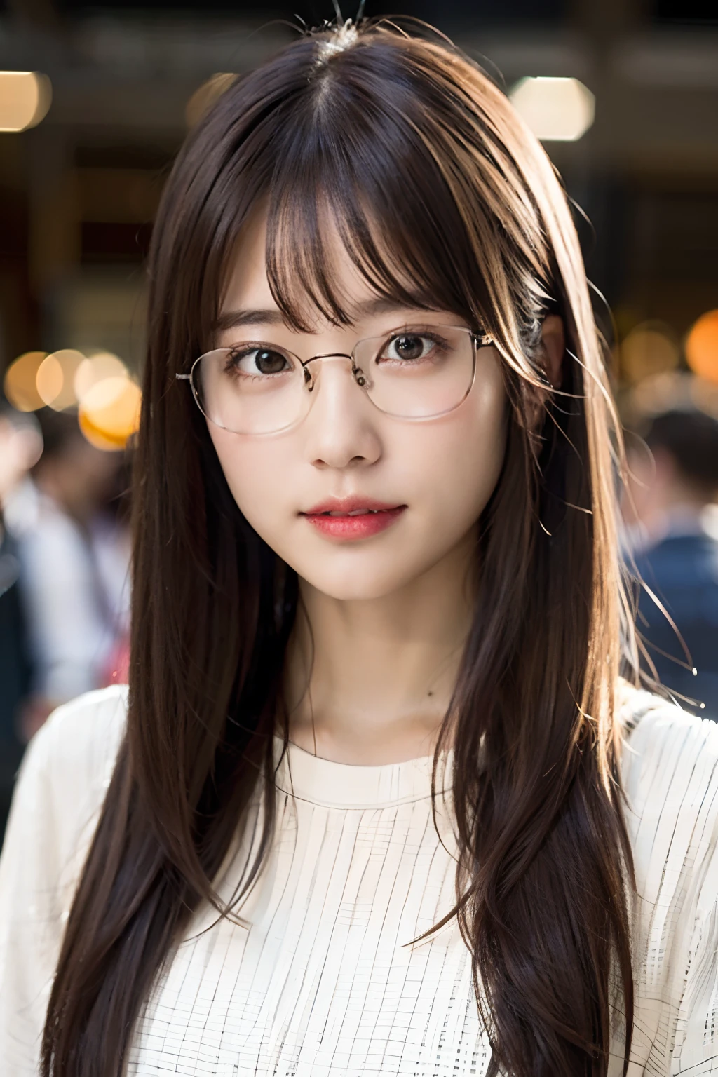 (8K、Raw photography、top-quality、masterpiece:1.2)、(realisitic、Photorealsitic:1.37)、ultra-detailliert、超A high resolution、女の子1人、see the beholder、beautifull detailed face、A smile、Constriction、(Slim waist) :1.3)、white clothes、Beautiful detailed skin、Skin Texture、Floating hair、Professional Lighting、shopping mall、Square glasses with black rimming 、Whole human body、Brown hair
