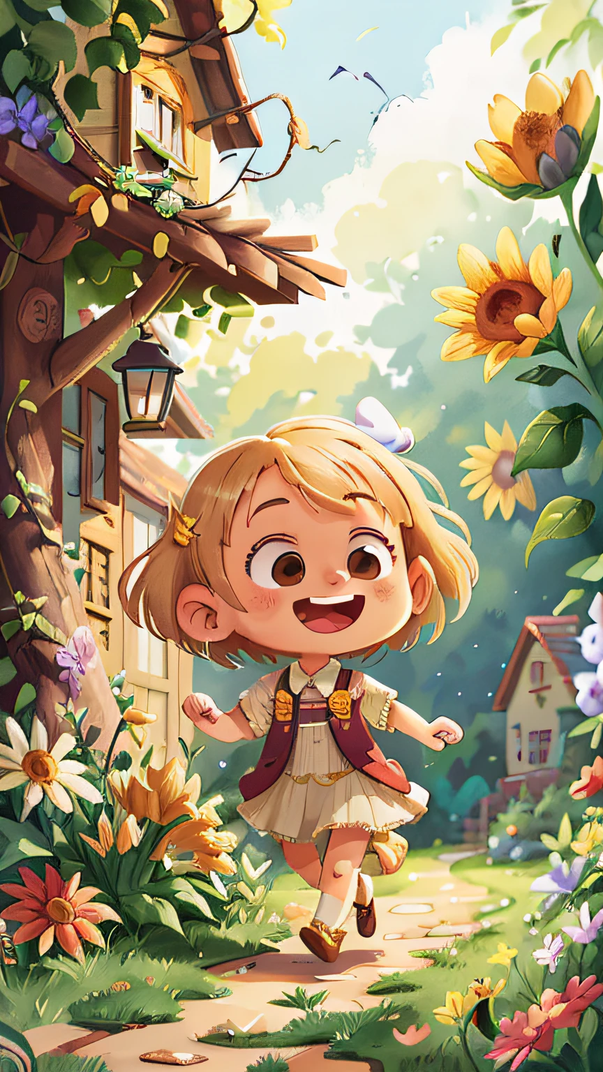 Watercolour. Blonde girl, smiling, very cheerful, running through the garden, wearing gardener and white blouse, front view, full body, the background is a beautiful and cozy house in the countryside, garden with flowers, sunny, perfect quality, (mess-house: 0.8), (masterpiece: 1.2) (Realistic: 1.2) (Bokeh) (Best quality) (Detailed Skin: 1.3) (Intricate Details) (8K) (Detail Eyes) (Sharp Focus), (Unhappy)