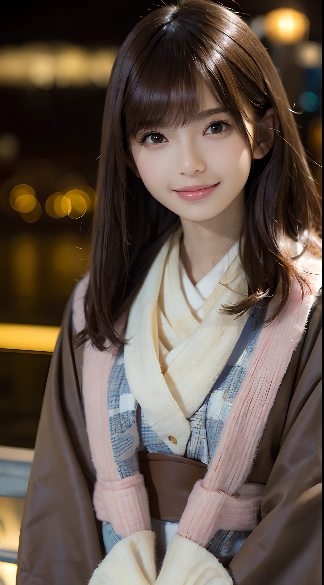 Masterpiece, one beautiful woman, detailed face, detailed eyes, detailed skin, top quality, Japanese, brightly lit from front, professional lighting, facing straight on, background slightly blurred, London cityscape in background (on bridge), smiling, brown hair, short hair, cold weather, weather slightly foggy, age 24, portrait style,
