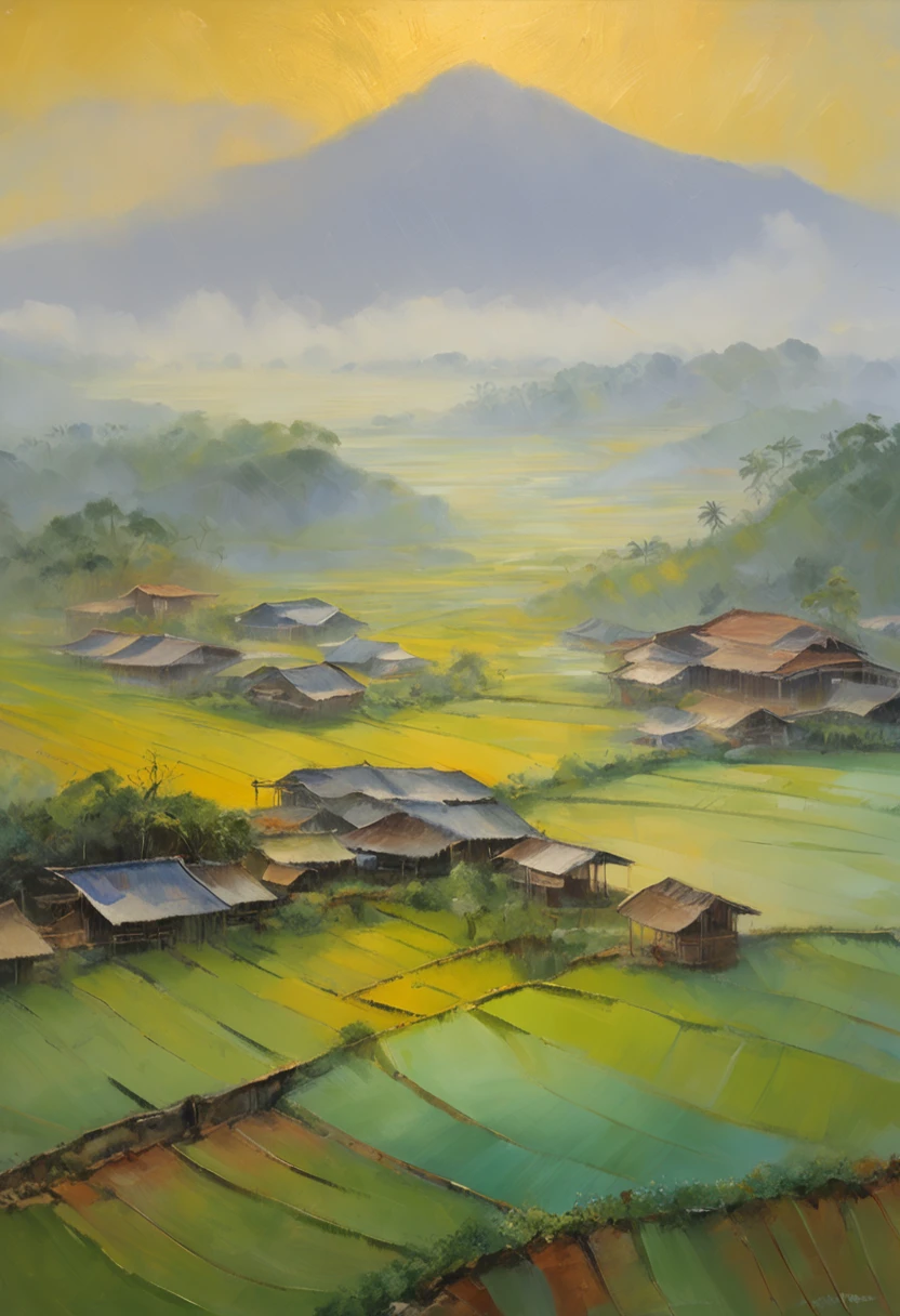 "(rural village in Myanmar, serene sunset)"