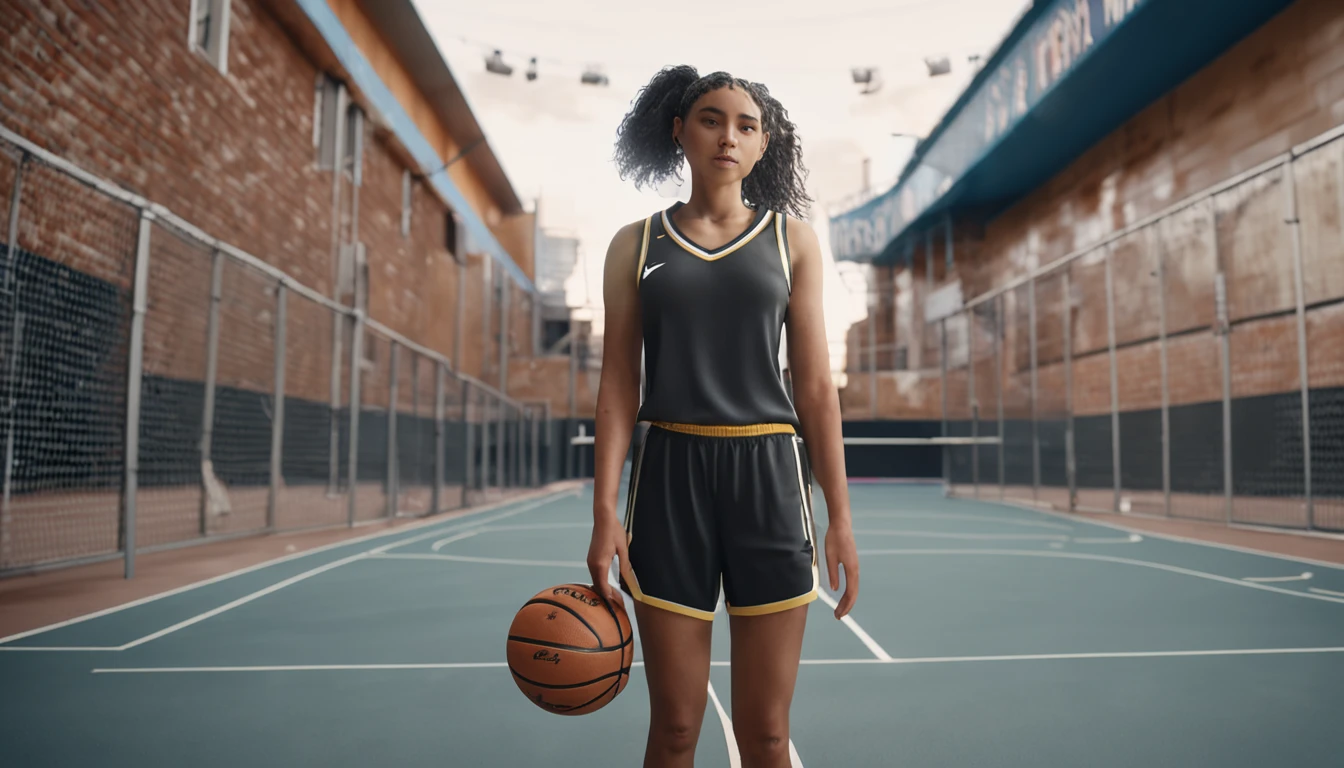 (8k, Best Quality, Masterpiece: 1.2), (Realistic, Photorealistic: 1.37), Super Detailed, Best Quality, Super High Resolution, Professional Lighting, Photon Mapping, Radiosity, Physically Based Rendering, Cinematic Lighting , basketball court, depth of field, focus, sun rays, good composition, (bokeh: 1.2), 1 girl, (whole body), (closed mouth), beautiful eyes, pose, constriction, basketball uniform, black hair , messy hair, long hair blowing in the wind,(ulzzang-6500:1.2) mix4, hiqcgbody