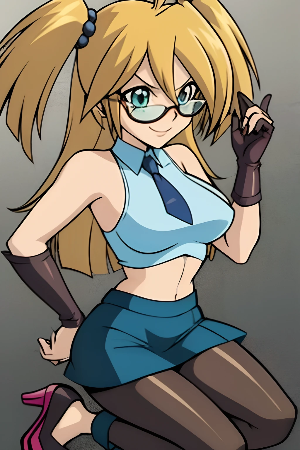 Masterpiece, Best Quality, Ultra Detailed), 1 girl, Rebecca Hopkins, blonde hair, twin tails, glasses, big boobs, mini microskirt, thong, black leather skirt, mid-length pants, high heel platform shoes, glove black opeda, sleeveless white shirt with a neckline knot at the neckline, plunging neckline, smile, face in love