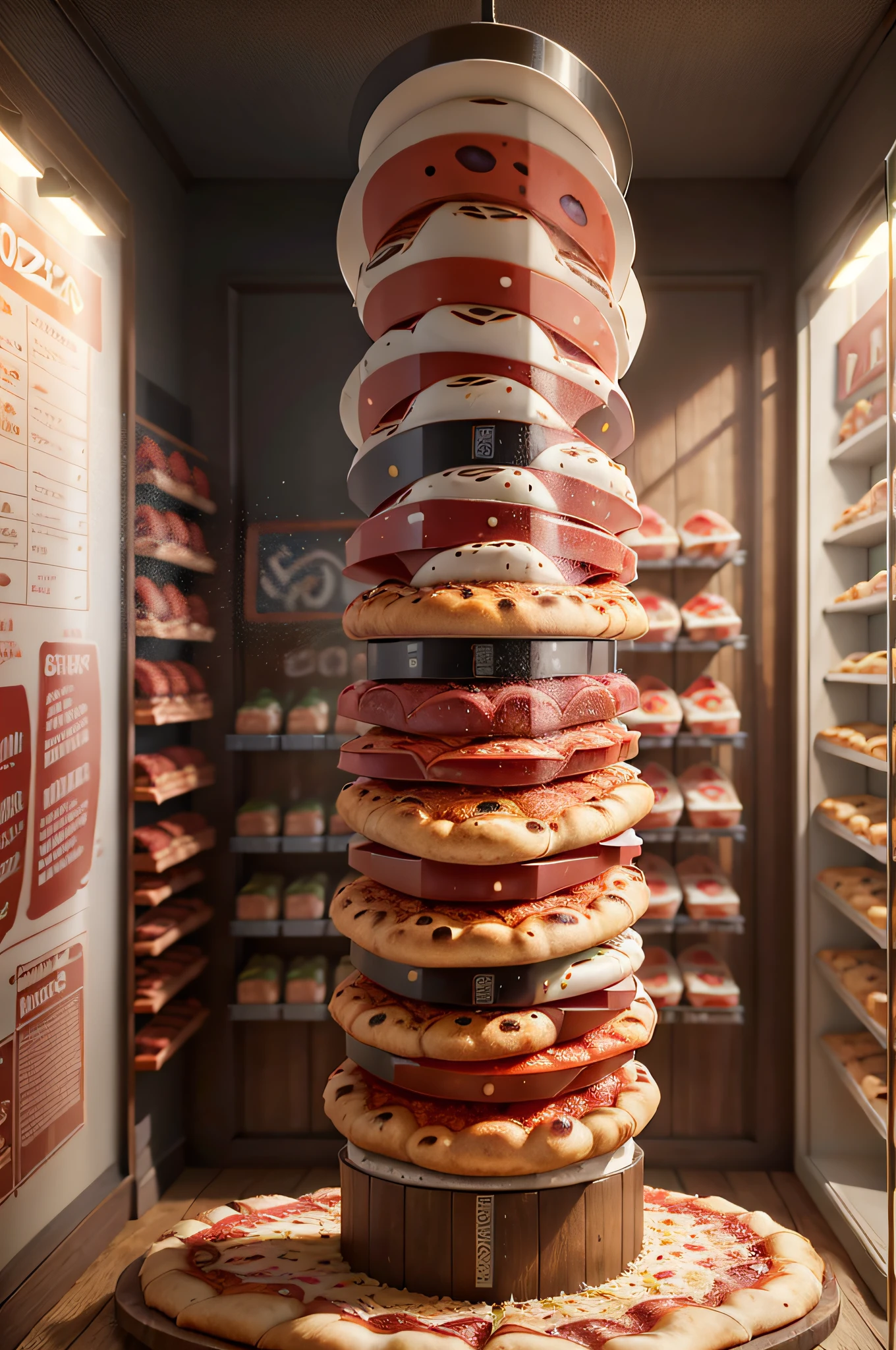 There are many different types of pizzas on display in a store, Realista Cinematic,  conceitual, imagem de comida super realista, pizza a cabana, Directed by: David Ruby, padaria, loja altamente detalhada, pizza, um hiper realista, A torre inclinada da pizza, product exhibition, pizza is everywhere realistic Cinematic, pizza italiana, 3 dmax, Alimentos comerciais 4K Realista Cinematic, Directed by: Nikola Avramov, product render