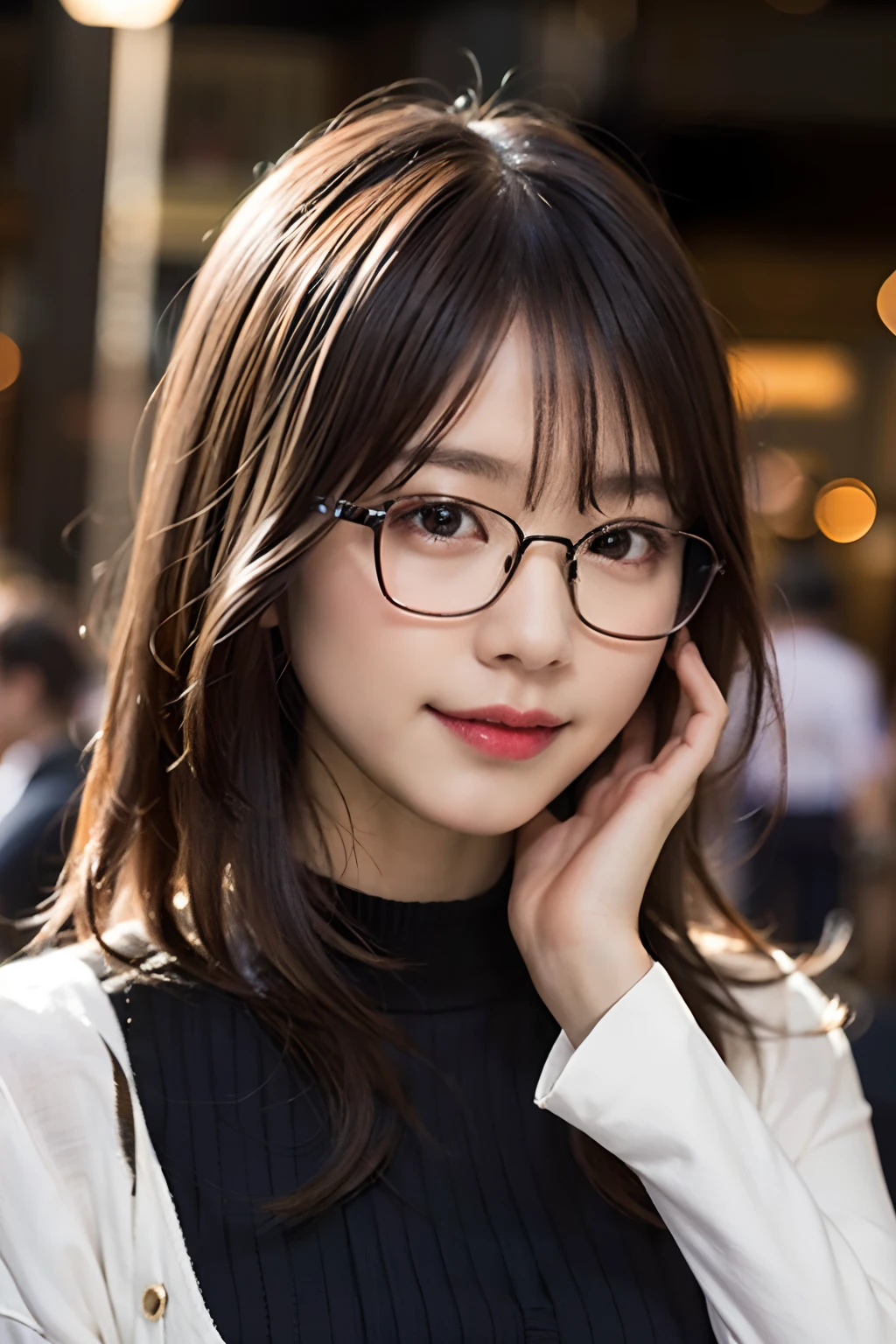 (8K、Raw photography、top-quality、​masterpiece:1.2)、(realisitic、Photorealsitic:1.37)、ultra-detailliert、超A high resolution、女の子1人、see the beholder、beautifull detailed face、A smile、Constriction、(Slim waist) :1.3)、white  clothes、Beautiful detailed skin、Skin Texture、Floating hair、Professional Lighting、shopping mall、Square glasses with black rimming 、Whole human body、Brown hair