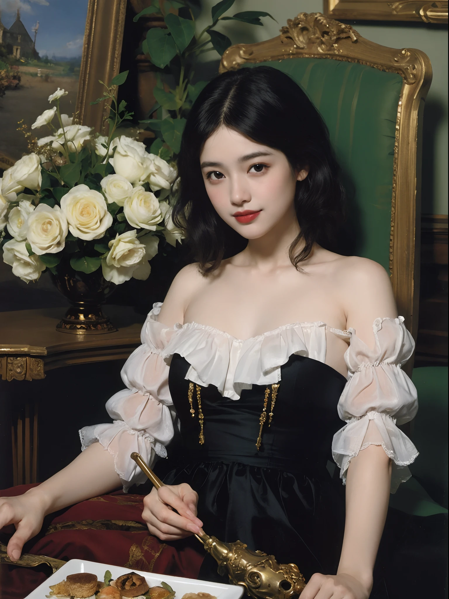 (Oil Painting: 1.5),
\\
(Oil Painting: 1.5), \\ Woman with short black hair, ((Luxurious room)), (Amy Saul: 0.248), (Stanley Agar Liu: 0.106), (detailed paintings: 0.353), (Gothic art: 0.106), vases, florals, (((A slight smil)))