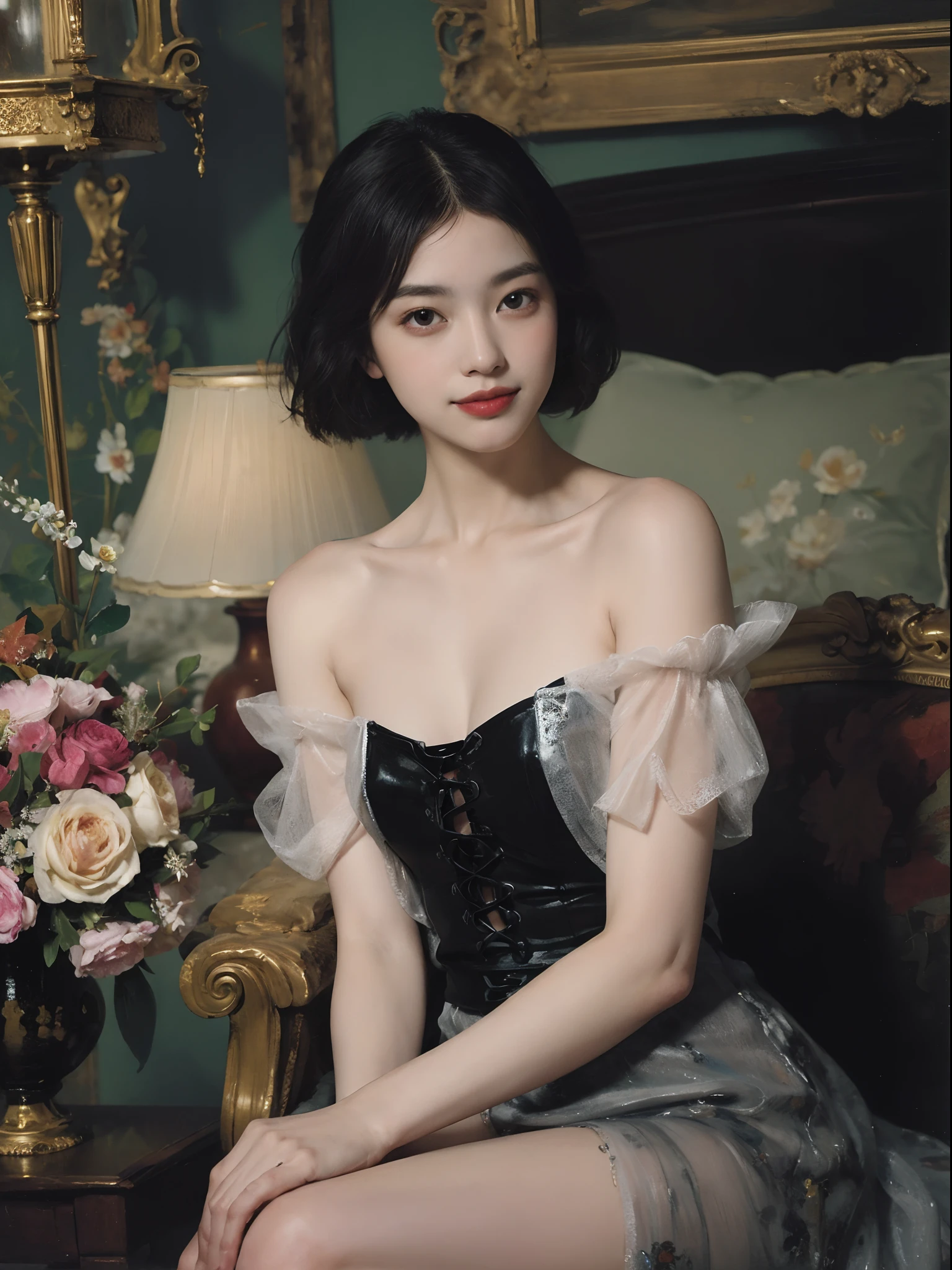 (Oil Painting: 1.5),

\\

(Oil Painting: 1.5), \\ Woman with short black hair, ((Luxurious room)),  (Amy Saul: 0.248), (Stanley Agar Liu: 0.106), (detailed paintings: 0.353), (Gothic art: 0.106), vases, florals, (((A slight smil)))