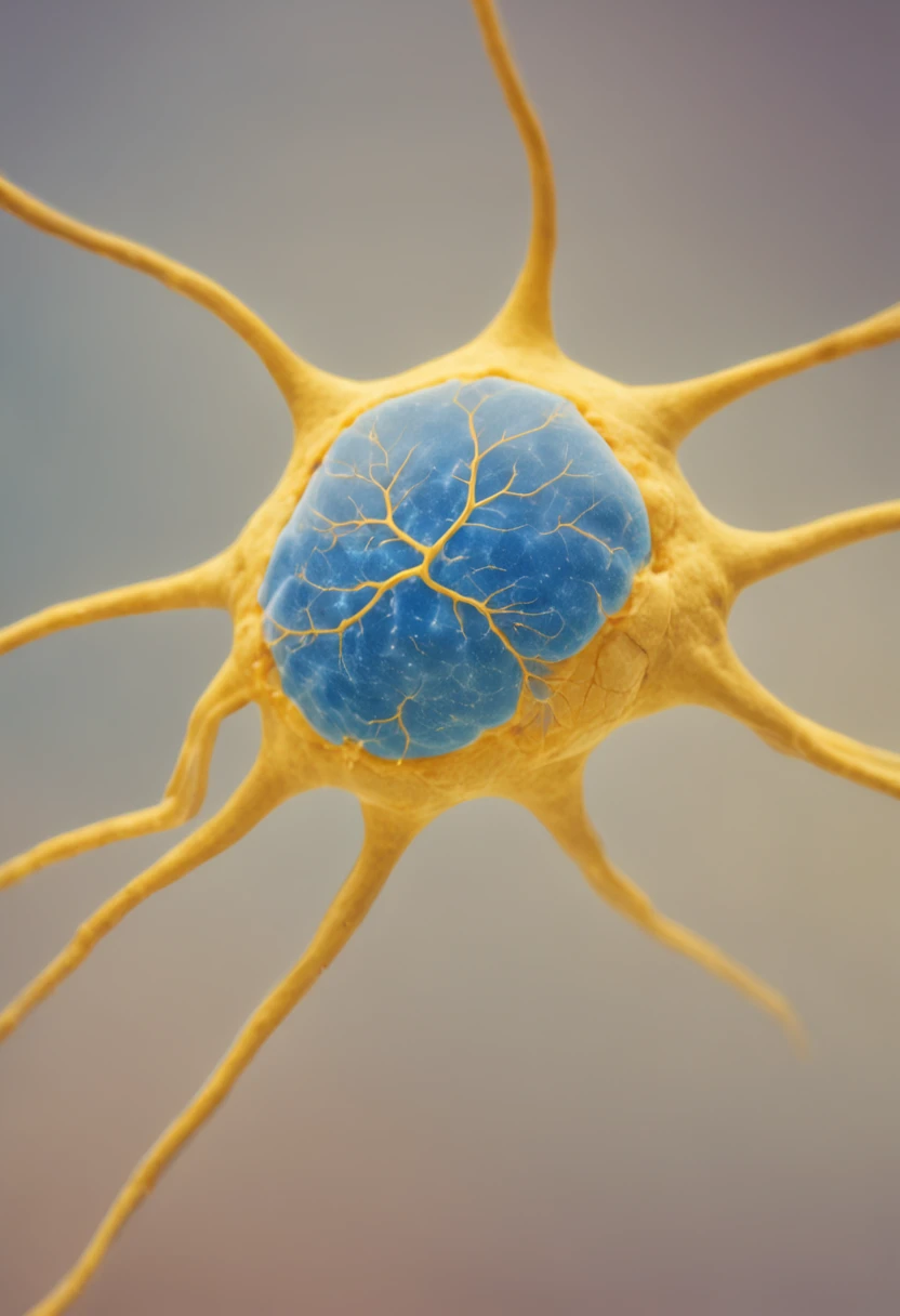 Yellow neuron with dendrites on a blue background.
