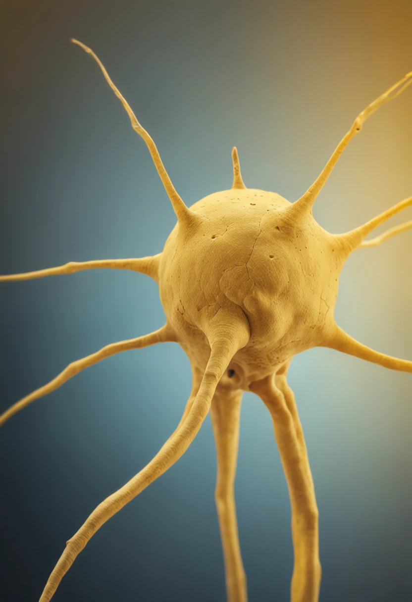 Yellow neuron with dendrites on a blue background.