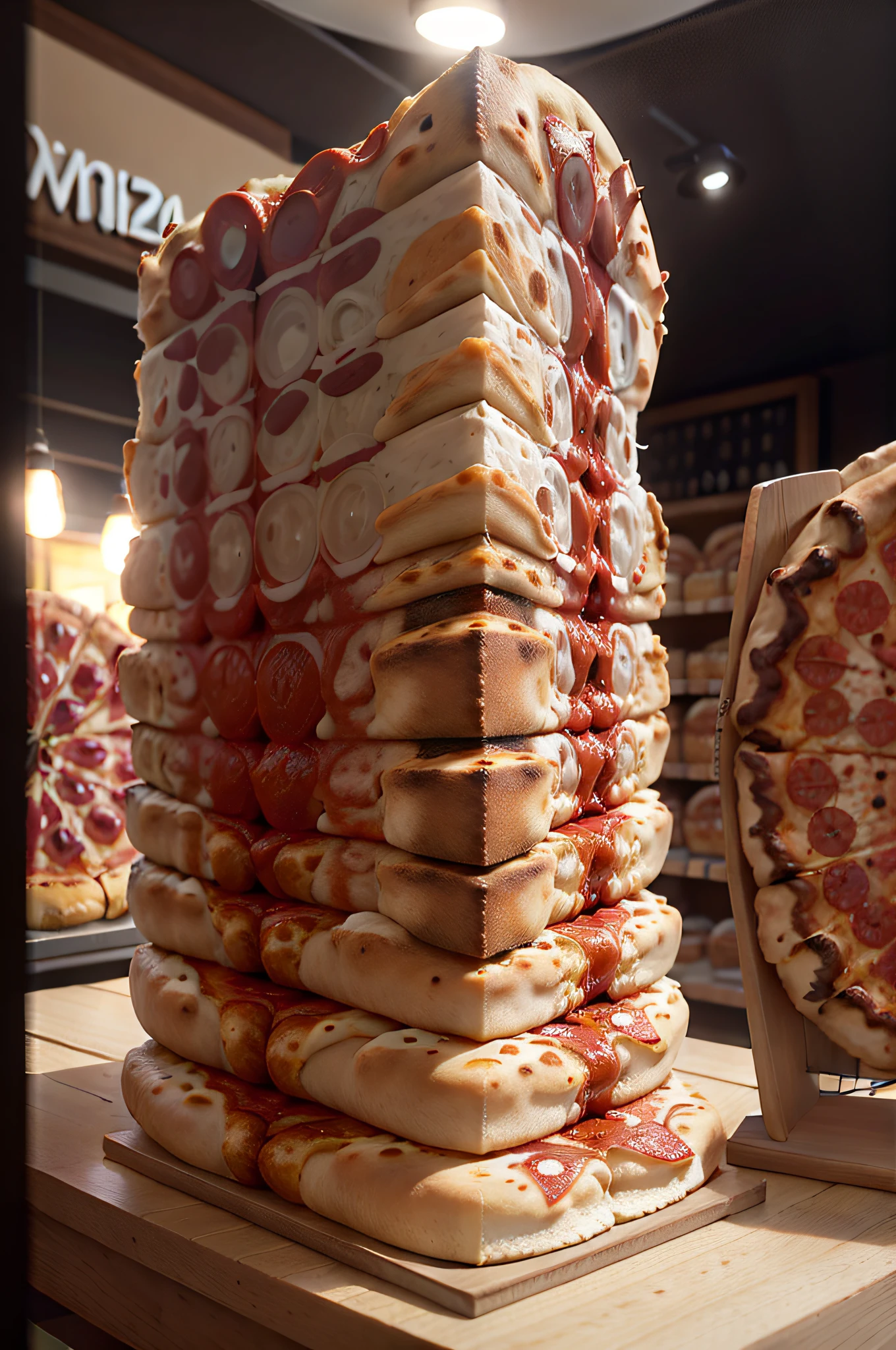 There are many different types of pizzas on display in a store, Realista Cinematic,  conceitual, imagem de comida super realista, pizza a cabana, Directed by: David Ruby, padaria, loja altamente detalhada, pizza, um hiper realista, A torre inclinada da pizza, product exhibition, pizza is everywhere realistic Cinematic, pizza italiana, 3 dmax, Alimentos comerciais 4K Realista Cinematic, Directed by: Nikola Avramov, product render