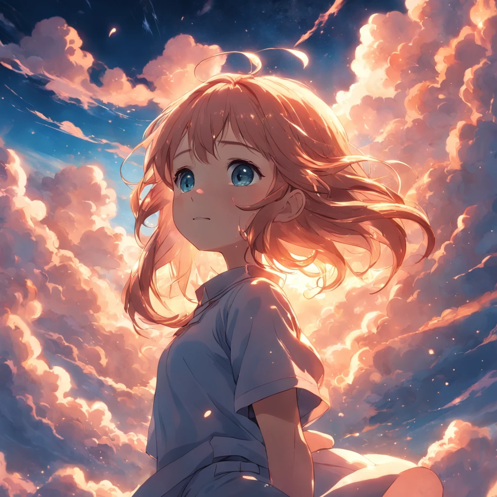 masterpiece, best quality, movie still, 1girl, cloud girl, floating in the sky, close-up, bright, happy, warm soft lighting, sunset, (sparks:0.7)