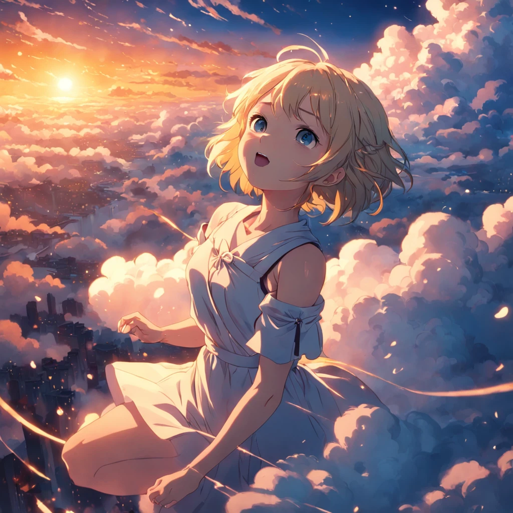 masterpiece, best quality, movie still, 1girl, cloud girl, floating in the sky, close-up, bright, happy, warm soft lighting, sunset, (sparks:0.7)