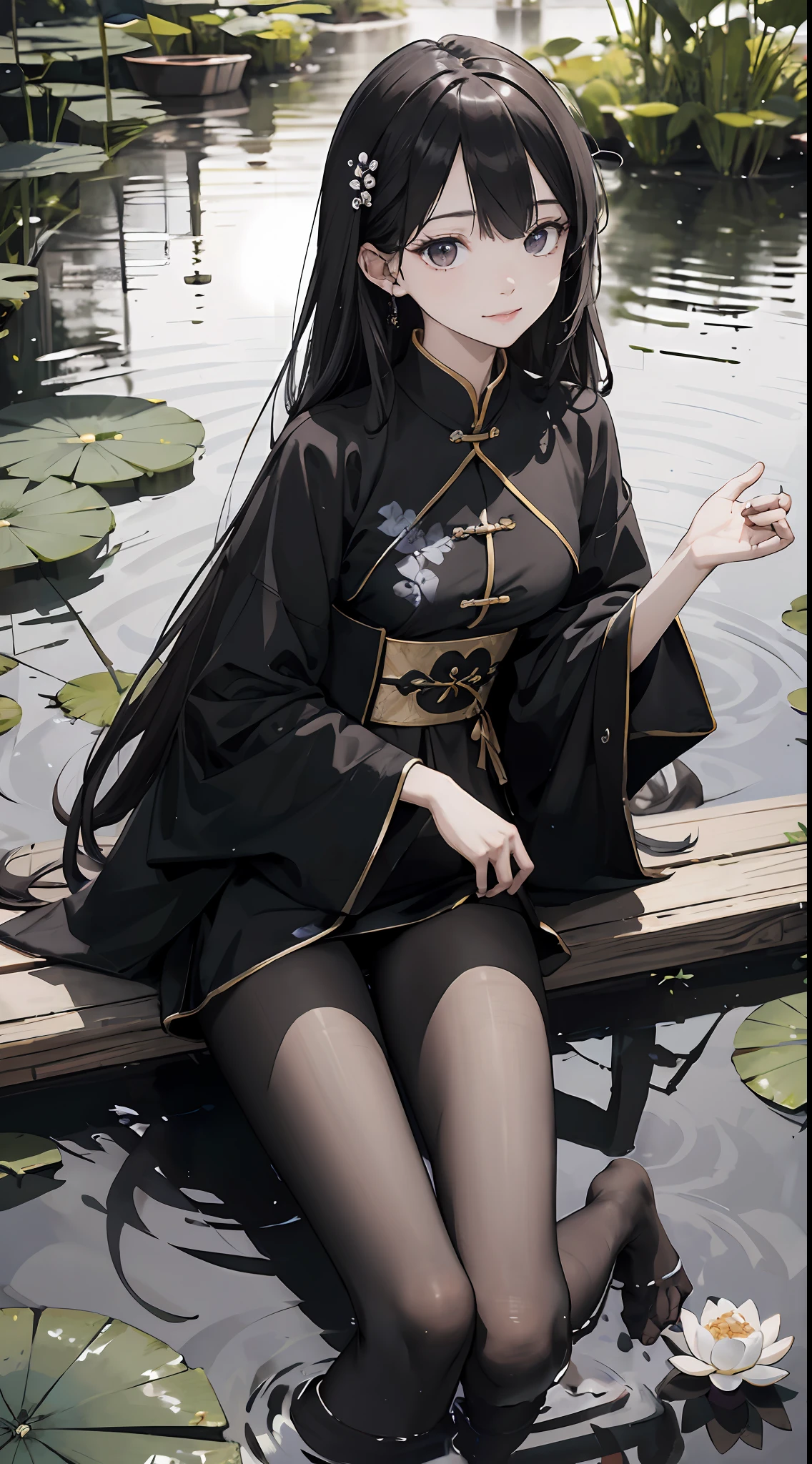 hoang lap,8K high resolution,ultra - detailed,(1girll:1.3),handpainted,Simple lines,16-year-old girl wearing black Chinese clothing,beuaty girl,In the lotus pond,tmasterpiece,Sit on a plank floating in the water,Floating hair,black pantyhoses,black pantyhoses,looking toward the viewer,ssmile