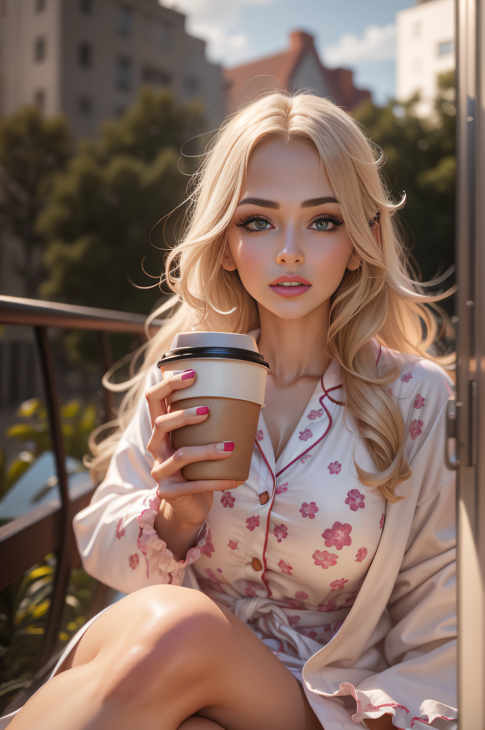 RAW photo, a super beautiful woman wearing her pajamas, holding a cup of coffee while staring at the sunrise, raw photo, raw, cinematic, photorealistic, soft lighting, glossy, glossy skin, clear eyes, sharp eyes, radiant skin, realistic skin, hyper realistic, hyper realistic skin, realistic eyes, realistic eyebrows, hyper detailed eyebrows, detailed lips, realistic lips, glossy lips, hyper realistic eyes