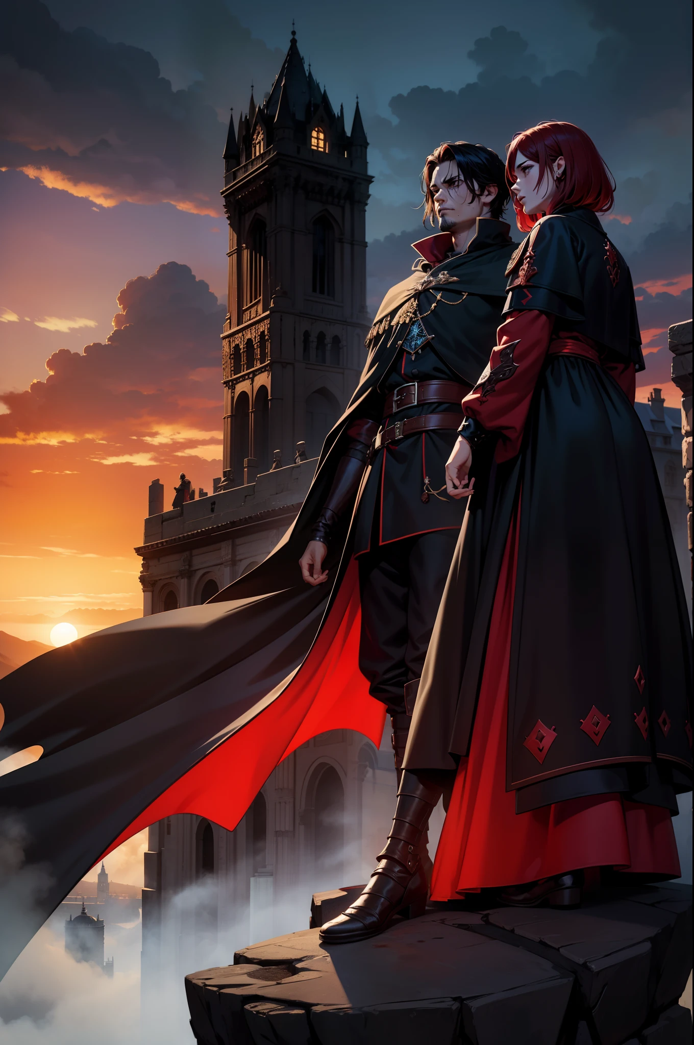 Dois personagens guerreiros, entardecer, 8k, magnifica, poderoso, magia, Mantos, sangue, Cidade medieval, dramatic scene, Colors of Gothic armor black and red, sky with many clouds, Magnificent, tunic, magia, capa enorme vermelha flutuante, livros, energia positiva