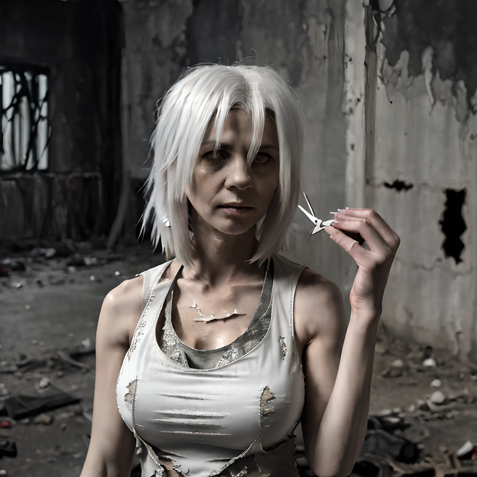 Masterpiece, Quality, (ultra realistic portrait of witch lady in L4D:1.1), (extremely detailed CG:1.2), (torn white tank top shirt:1.1, white hair:1.3, detailed super long nail:1.9), Serious look, (detailed face:1.2, detailed eyes:1.15), Sharp Focus, (standing inside Abandoned building:1.5, in the night:1.1, dark atmosphere:1.7), Cinematic poster, (huge breasts:1.1),