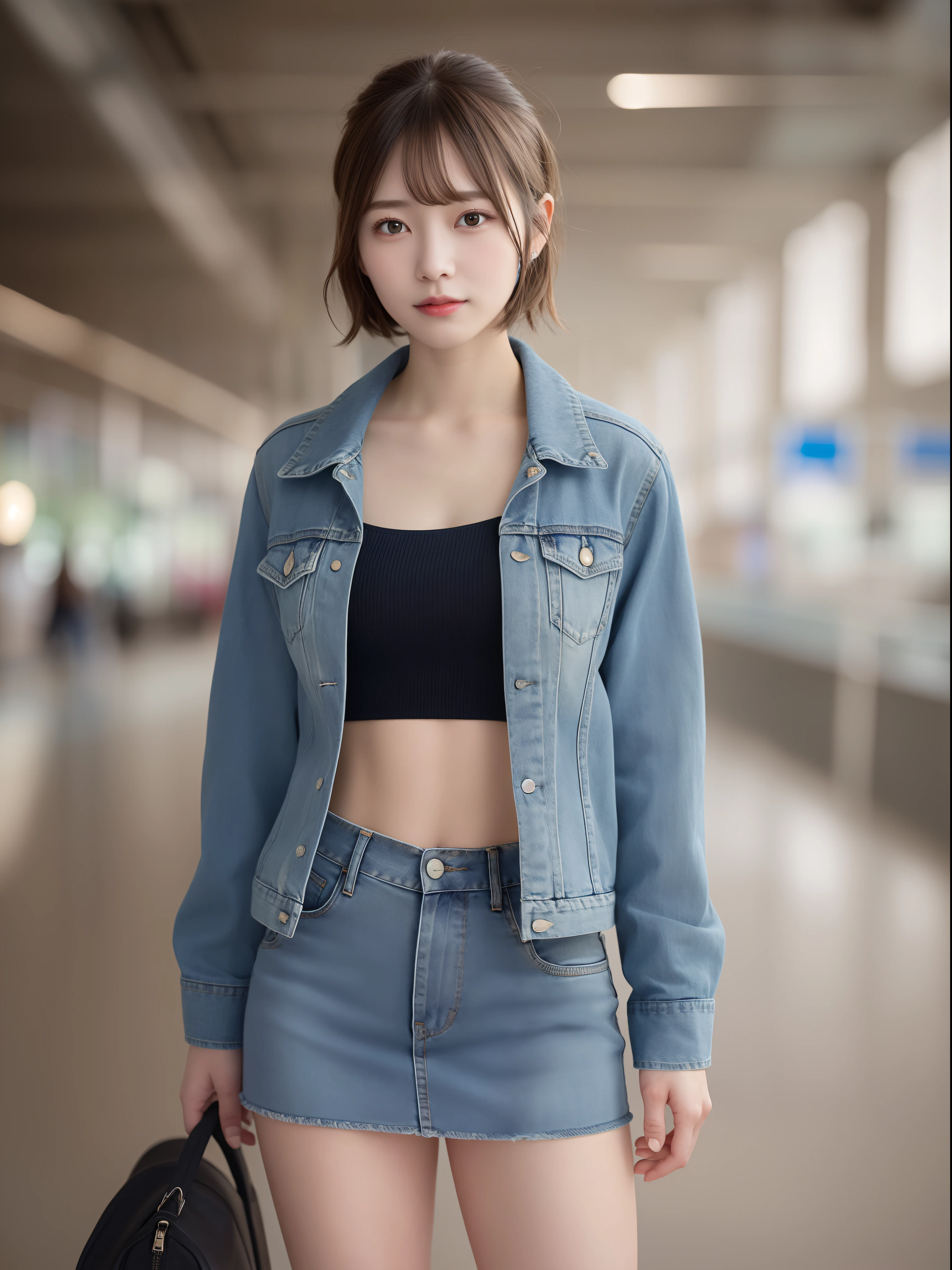 nffsw, retinas, masutepiece, ccurate, Anatomically correct, Textured skin, 
Super Detail, high details, High quality, Best Quality, hight resolution, 8K, 
( Photorealistic ), Symmetrical, Cinematic Light,

Model, 1girl in, 1 face,
At the airport、((Woman in denim jacket and denim miniskirt))、
{ Full body shot:0.3 | Full body shot:0.8 }、

Smaller chest:1.1 , Small butt:1.4 ,
{ bob cuts | half updo },
( extra detailed face:1.2 ), Green eyes,((Undersized nose))、
{ Smile | Serious }, 25 years old,