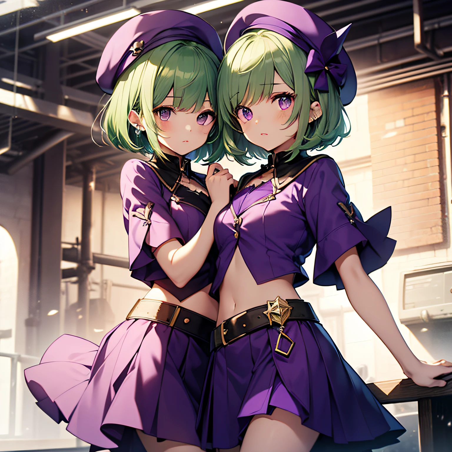 top-quality、extremely delicate and beautiful、(((sisterhood))）、(A teenage girl)、Purple Eye、(Green hair)、(short-haired)、(Purple pointy hat)、Purple tie、shortsleeves、Purple skirt、Navel、shortsleeves、Purple skirt、is standing