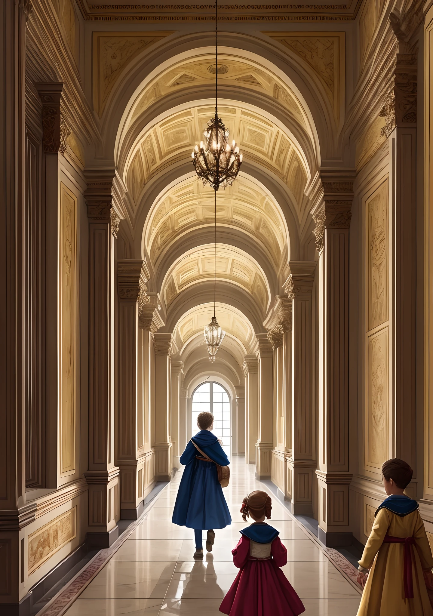 Draw a board showing 3 children playing, sendo 1 plebeu, 1 principe e 1 princesa, in the majestic corridors of the palace, enquanto o rei  sorri calorosamente ao observar a cena. --auto --s2